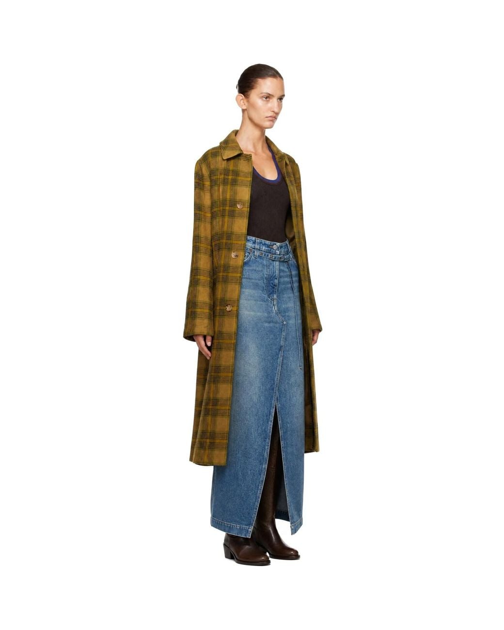 Dries Van Noten Green Khaki Wool Check Coat