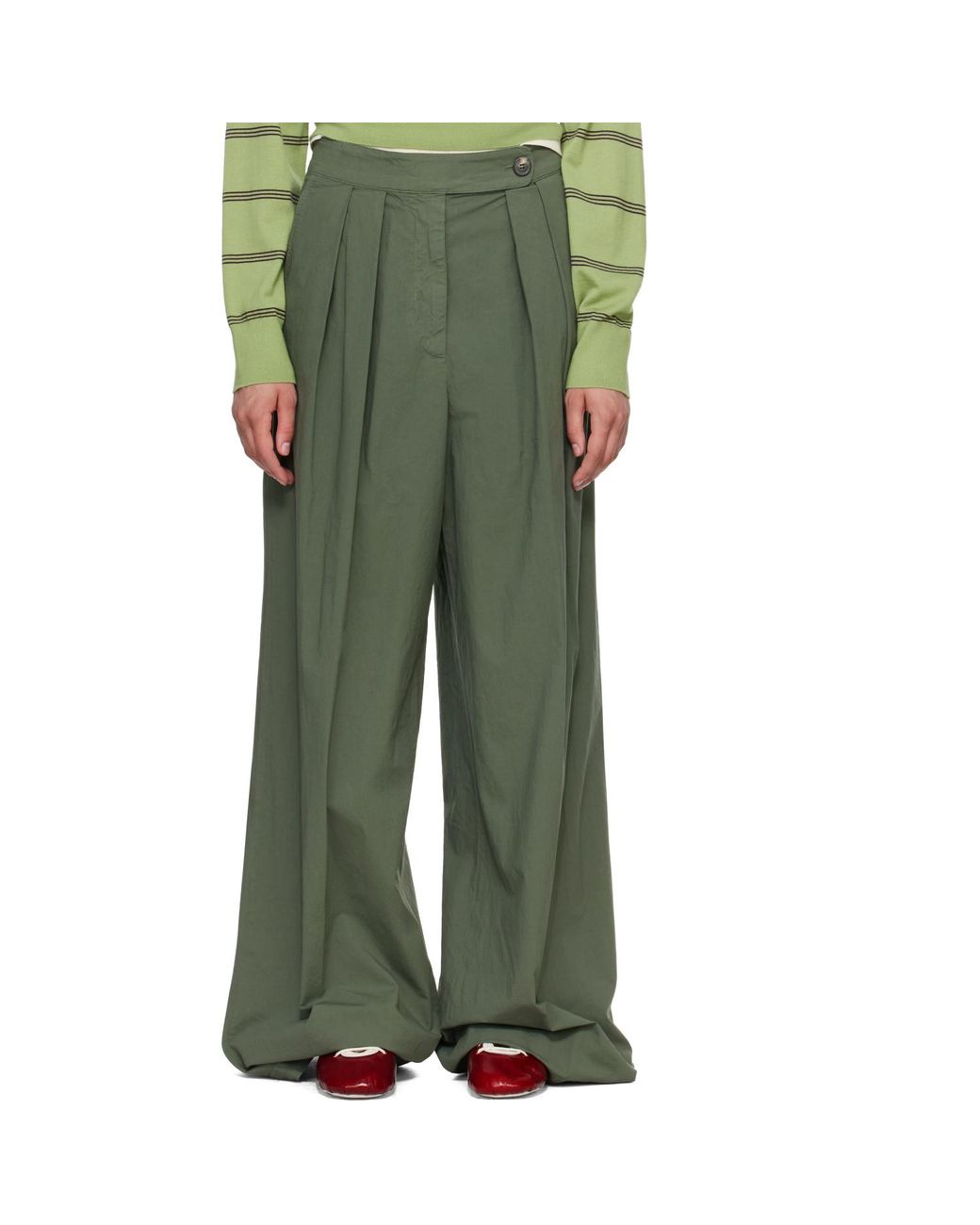 Dries Van Noten Green Khaki Wide Pleated Trousers