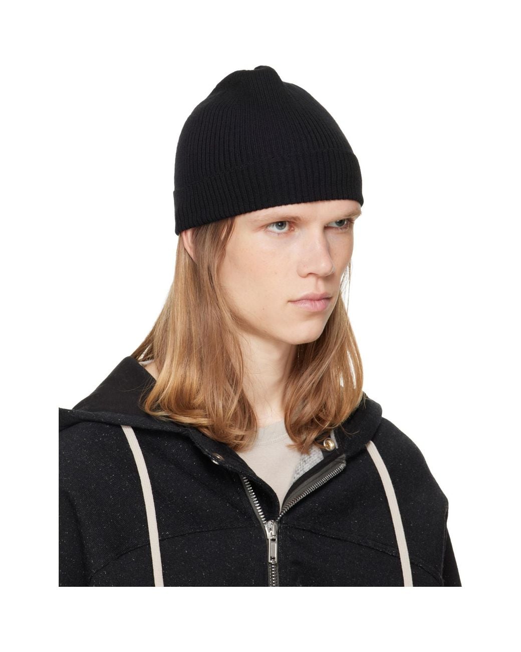 Rick Owens Black Tower Ribbed Beanie for men
