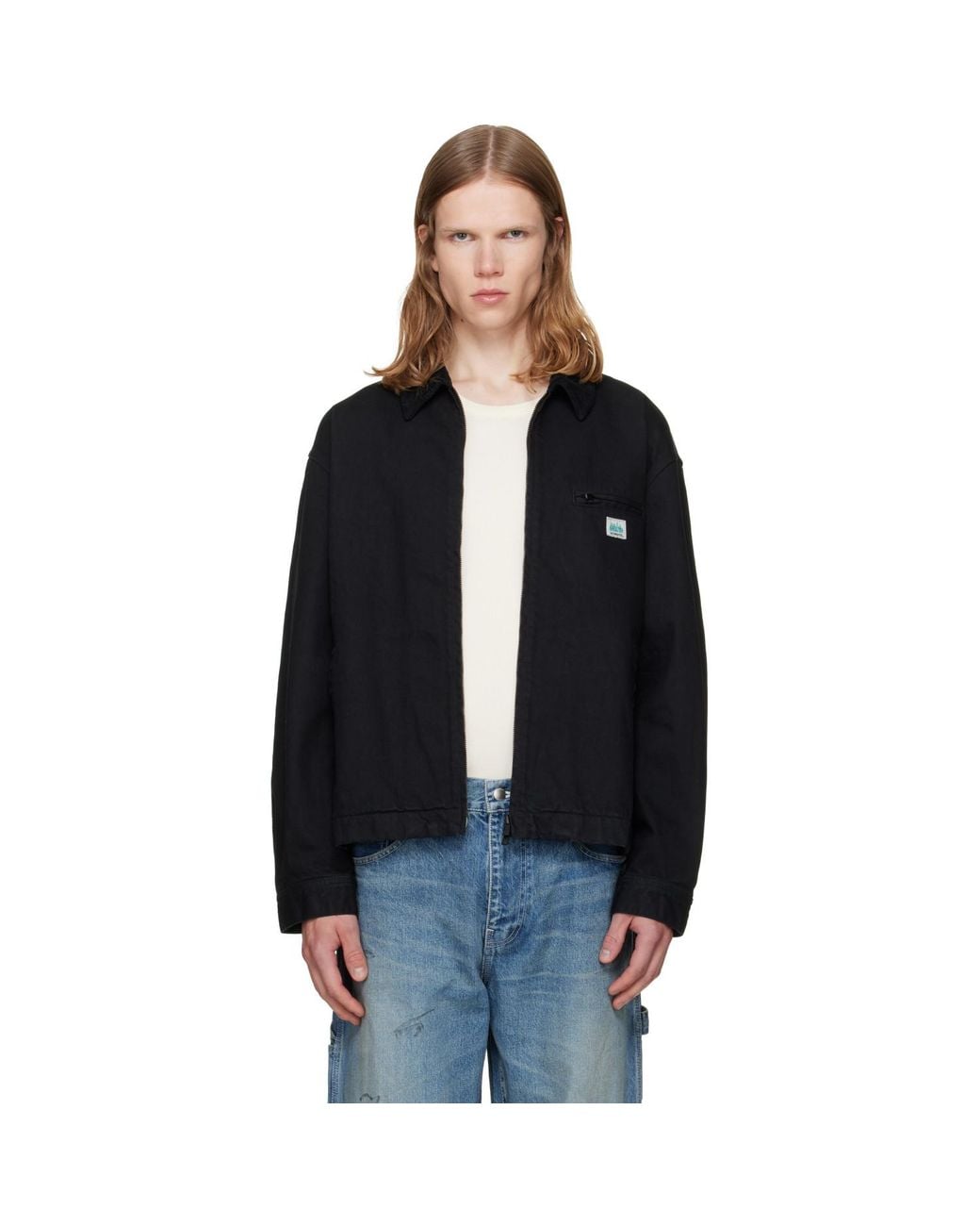 vowels Black Cord Collared Zip-Up Denim Jacket for men