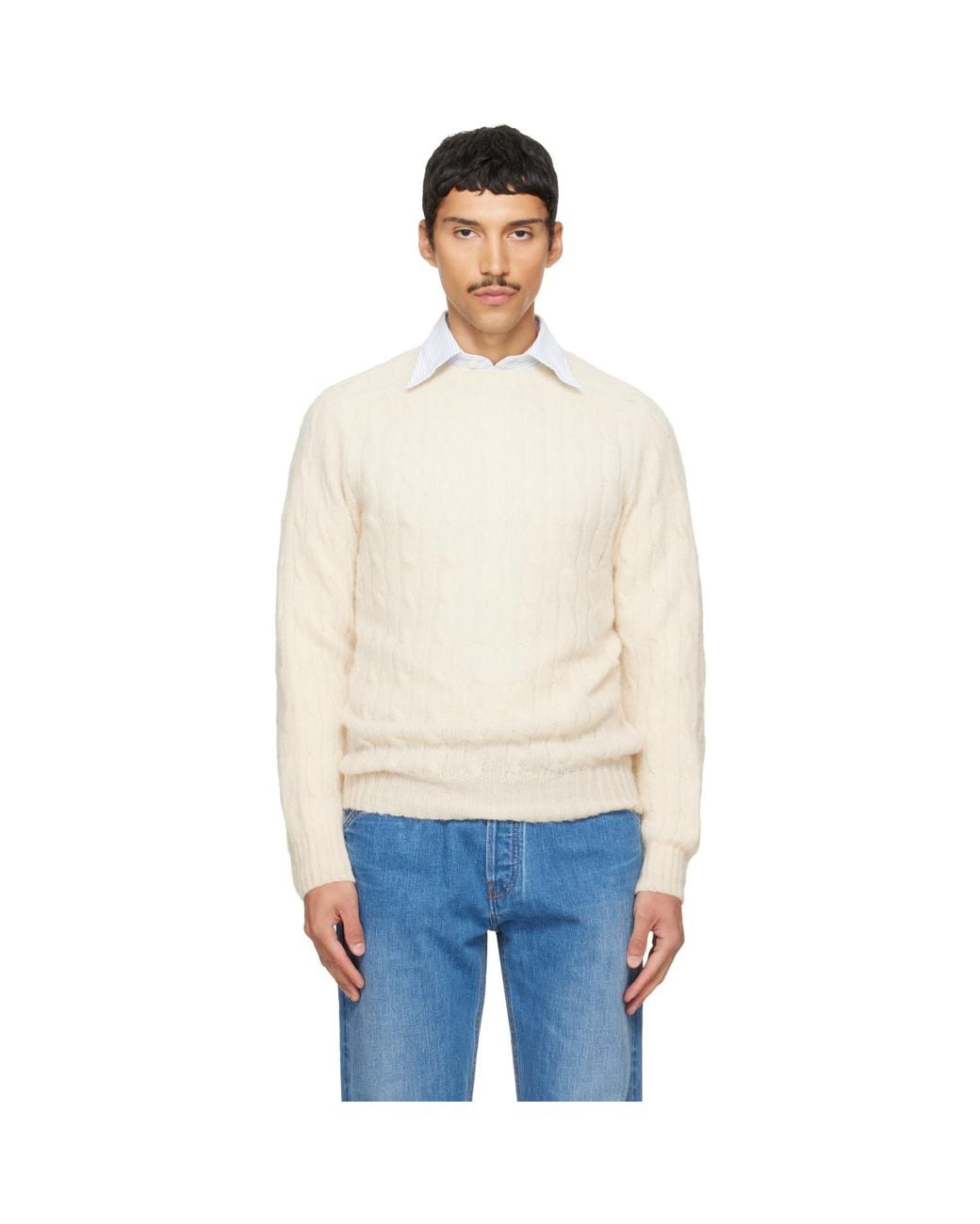 Drake's White Off- Brushed Shetland Cable Knit Sweater for men