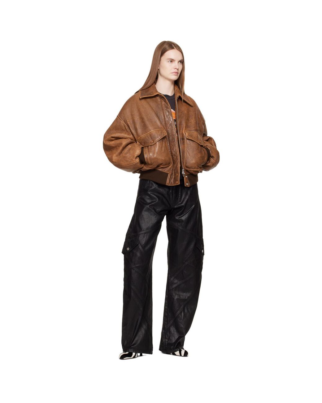Amiri Brown Tan Faded Leather Bomber Jacket