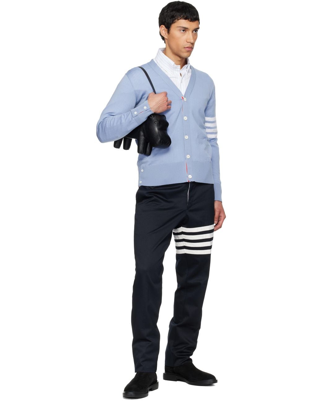 Thom Browne Blue Merino Wool 4-Bar Classic V-Neck Cardigan for men