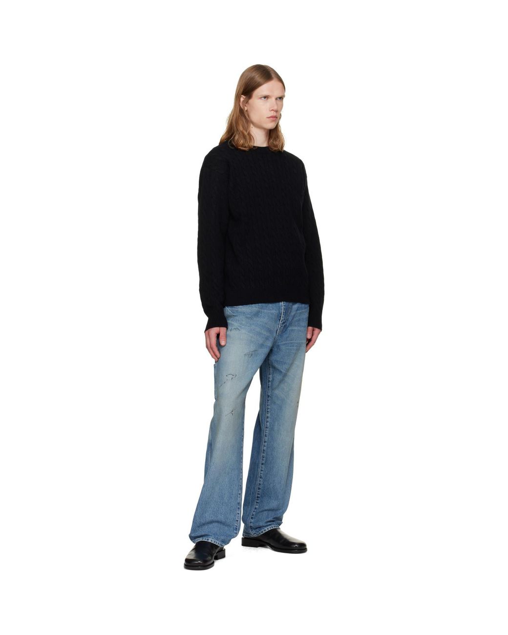 vowels Black Cable Knit Crewneck Sweater for men