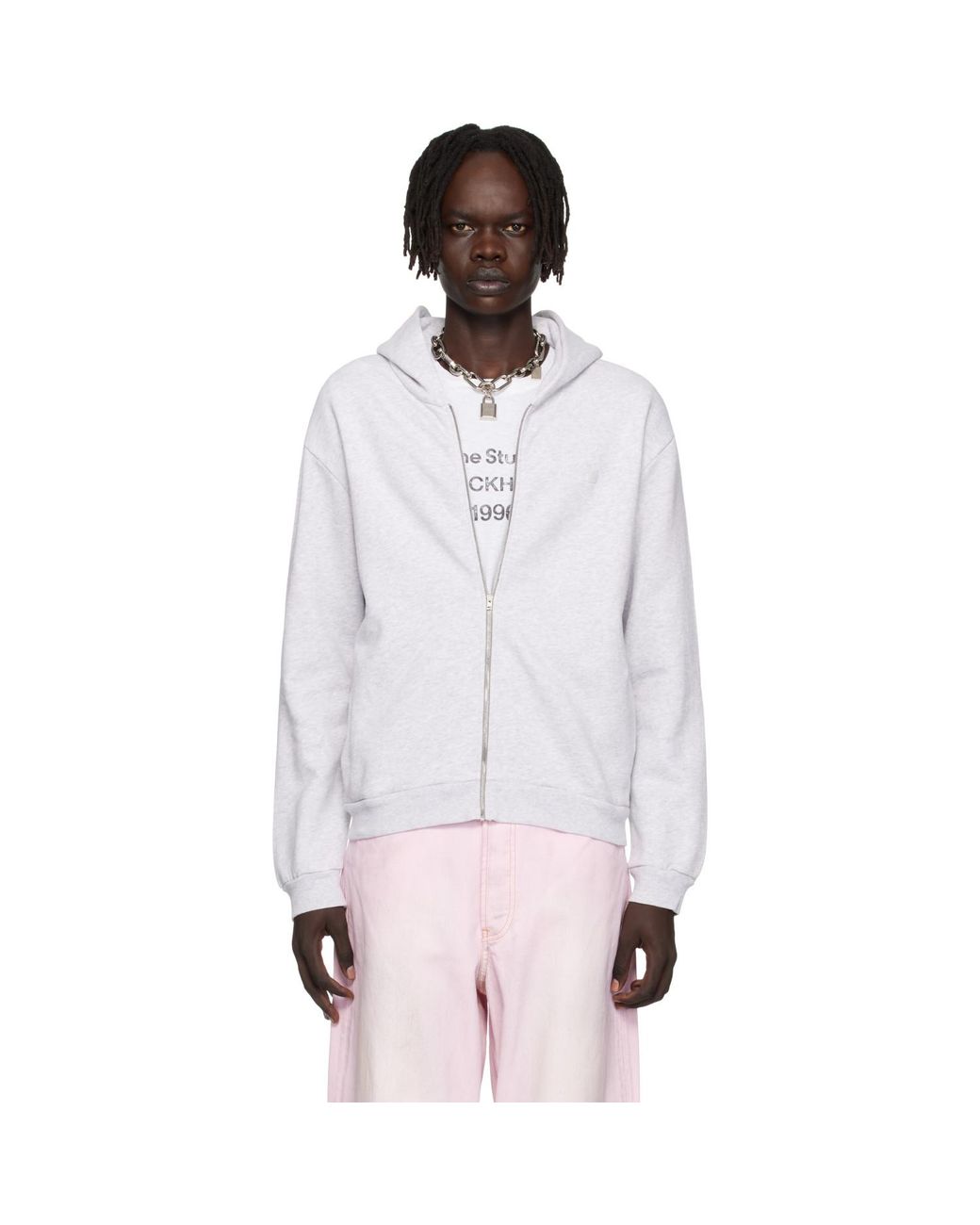 Acne White Zipper Hoodie for men