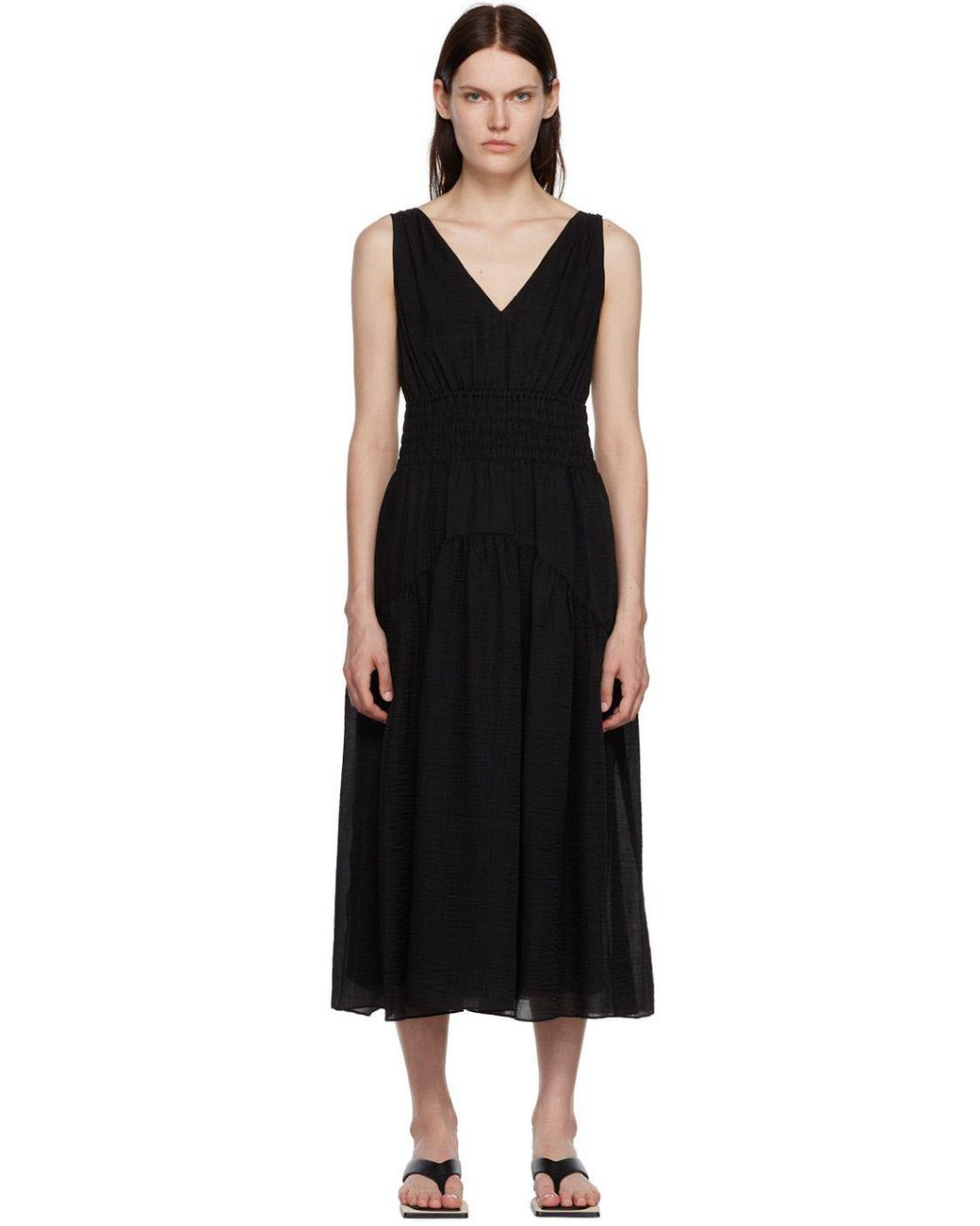 Vince Synthetic Smocked Midi Dress in Black | Lyst