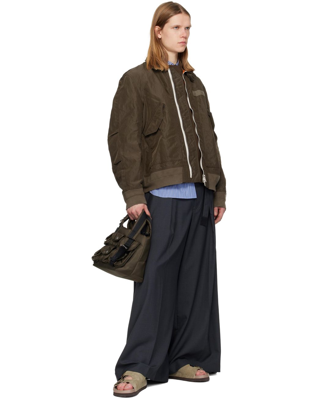 Sacai Brown Khaki Treated Nylon Twill Bomber Jacket for men