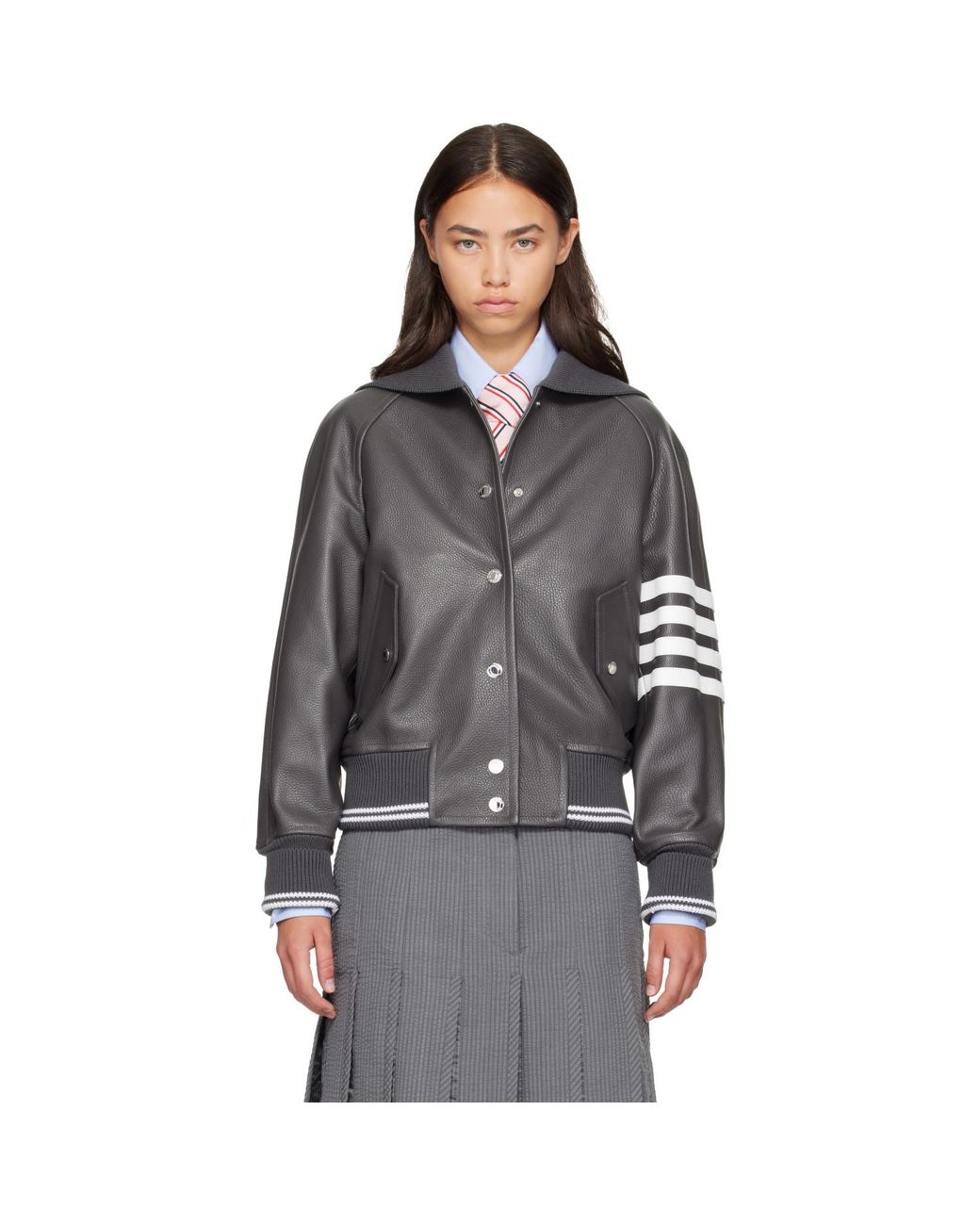Thom Browne Gray Leather 4-Bar Oversized Blouson Jacket