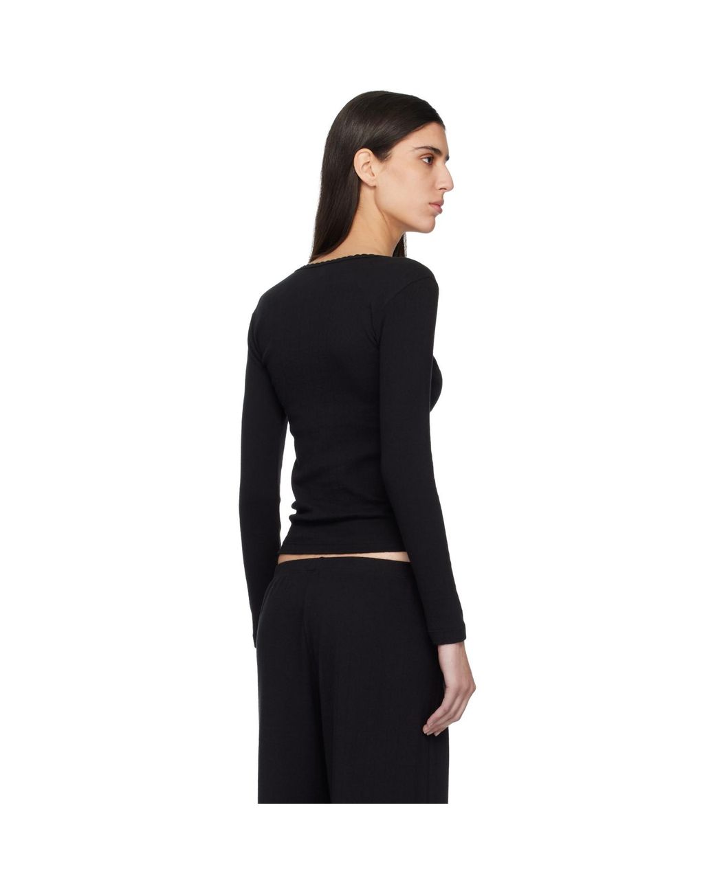 Leset Black Pointelle Slim Fit Long Sleeve T-Shirt