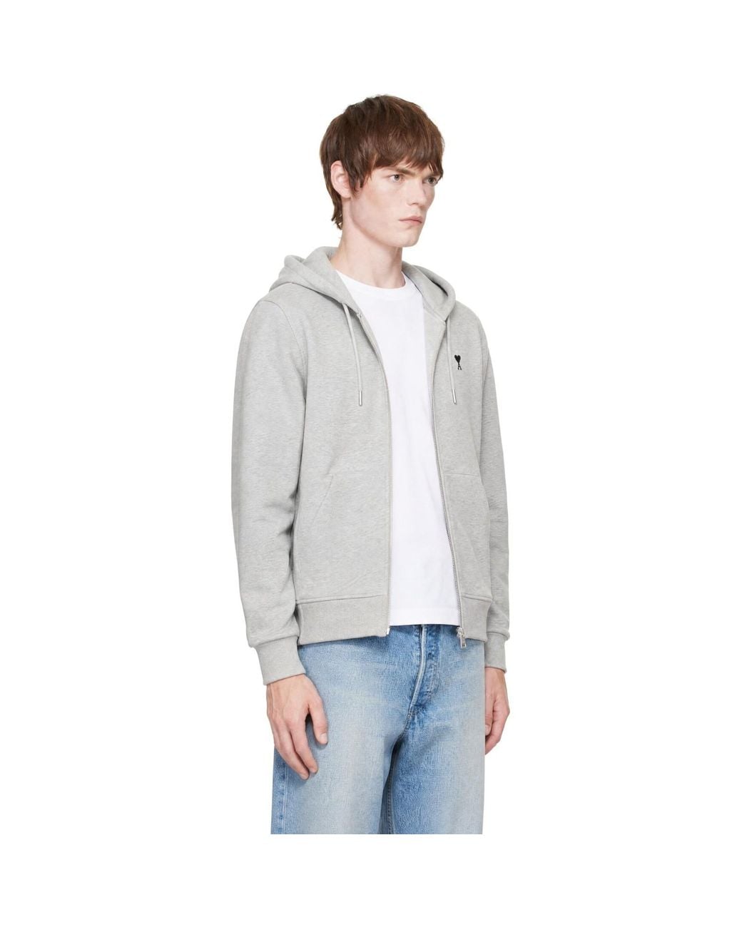 AMI Gray Cotton Ami De Coeur Zipped Hoodie for men