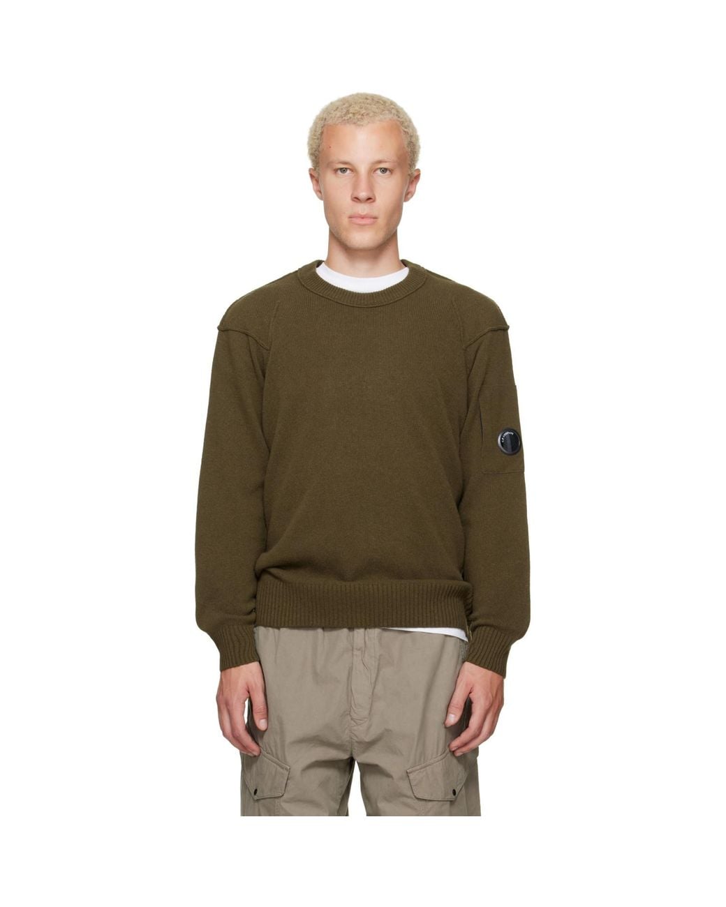 C P Company Green Khaki Lambswool Lens Crewneck Contrast Sweater for men