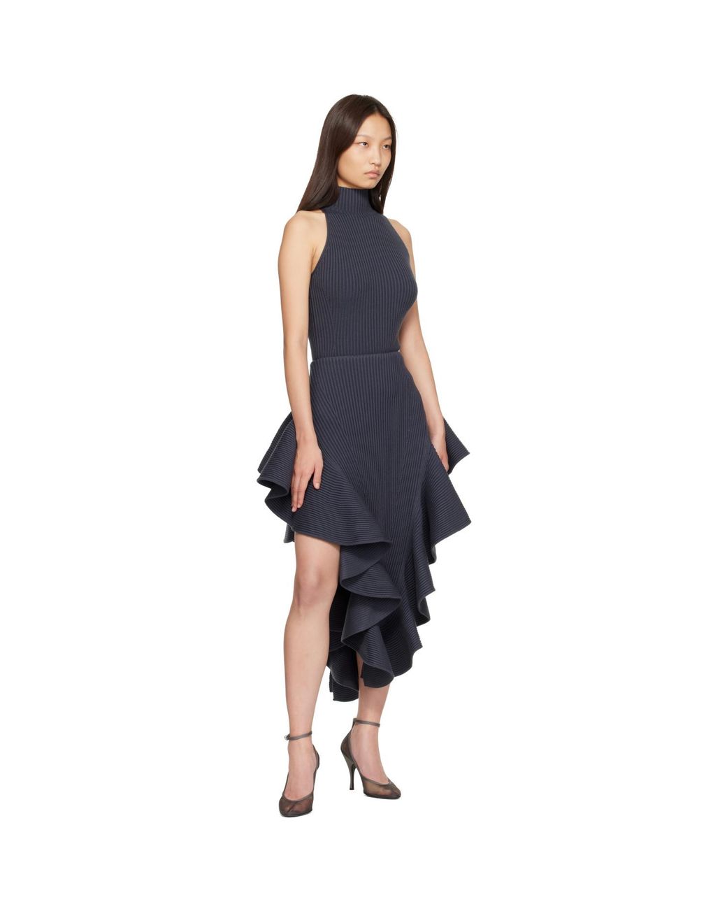Alaïa Blue Ribbed Ruffle Midi Skirt