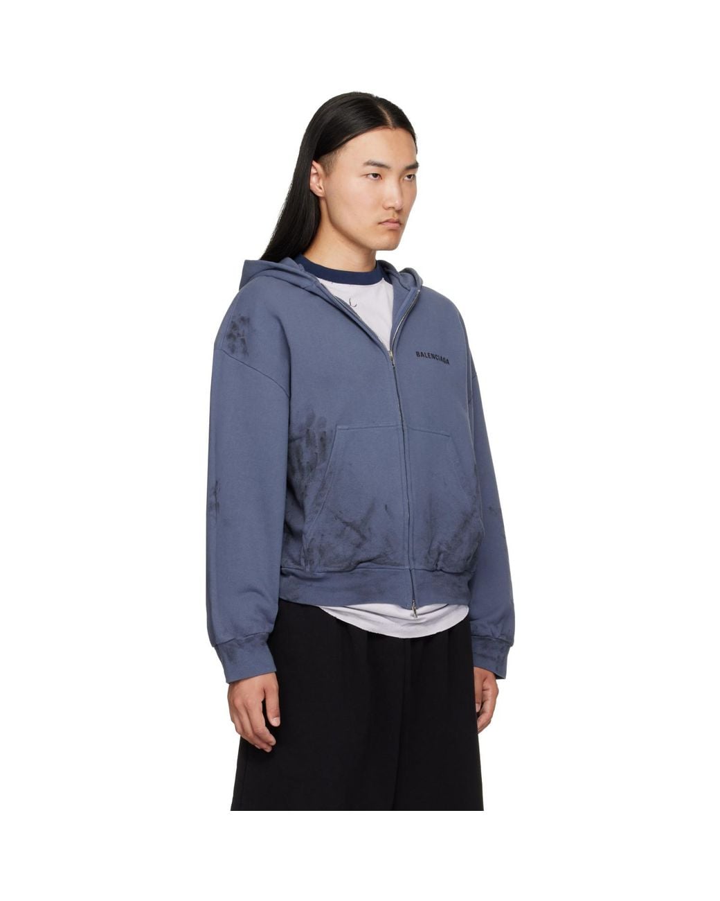 Balenciaga Blue Stained Zip-Up Hoodie for men