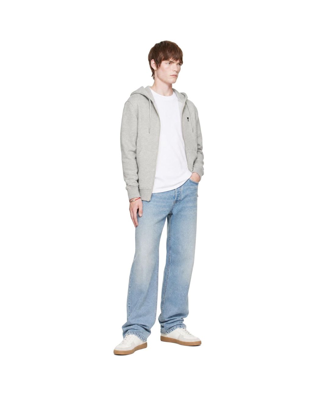 AMI Gray Cotton Ami De Coeur Zipped Hoodie for men