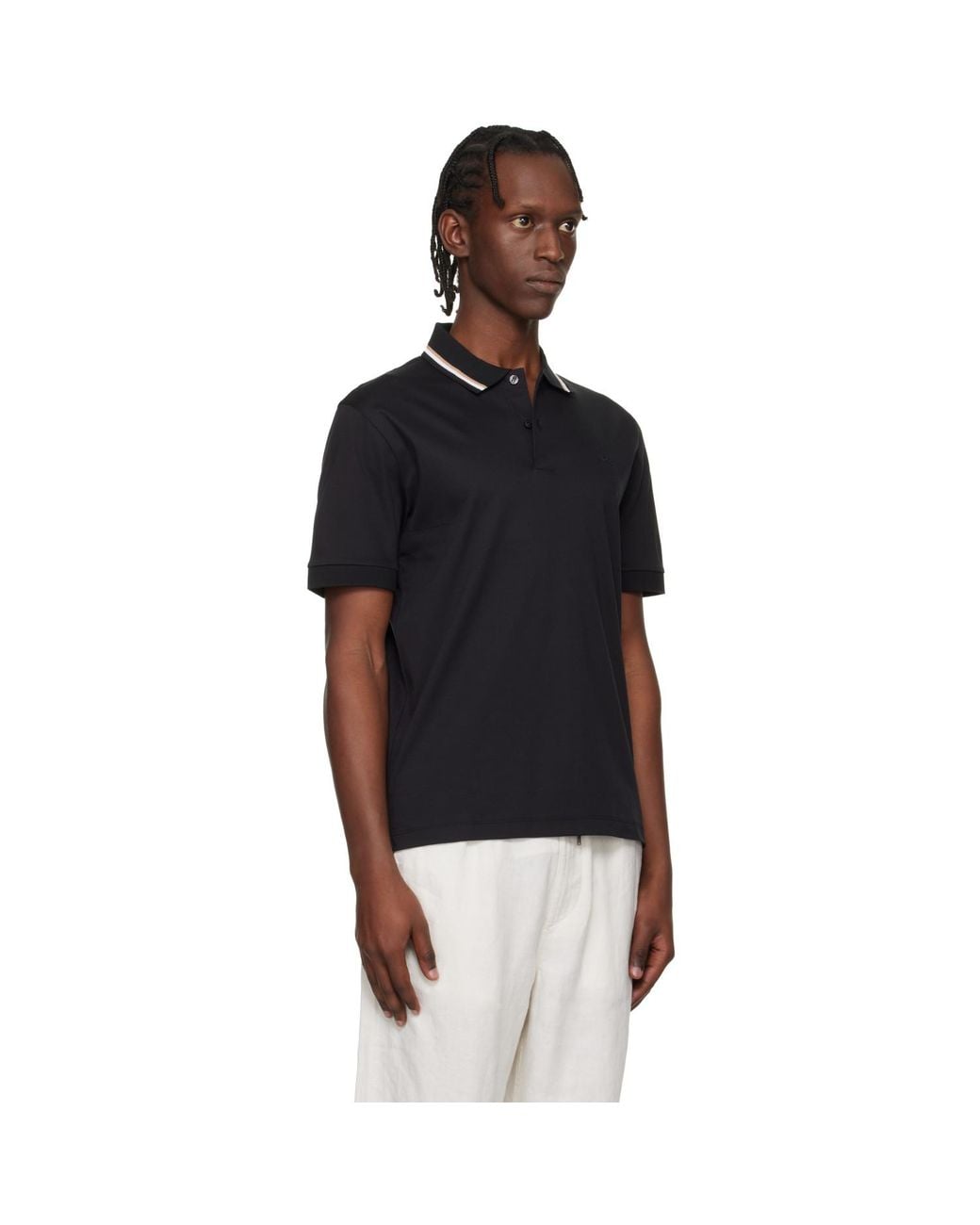 Boss Black Cotton Logo Striped-Collar Slim-Fit Polo for men