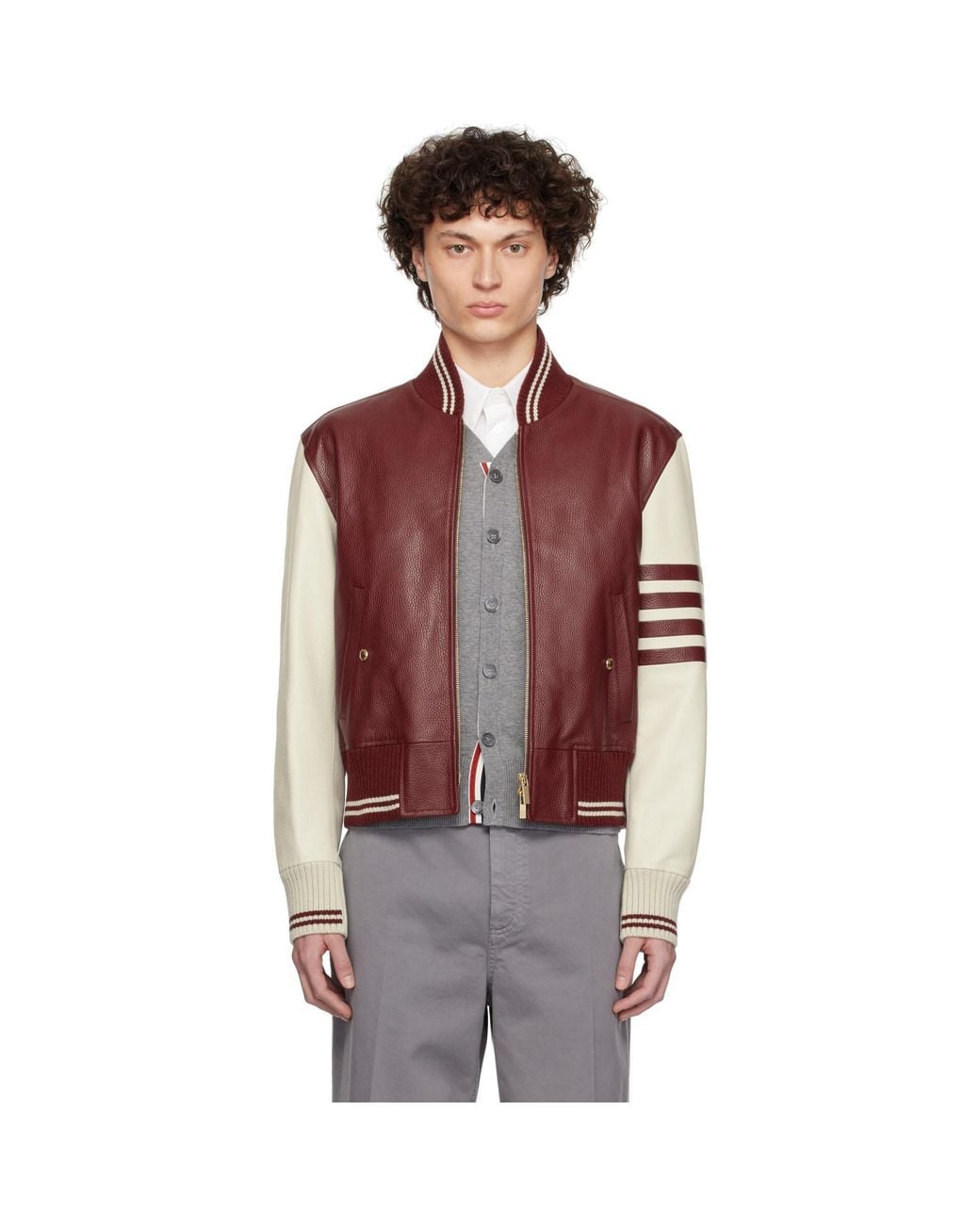 Thom Browne Red Leather Classic Bomber Jacket for men