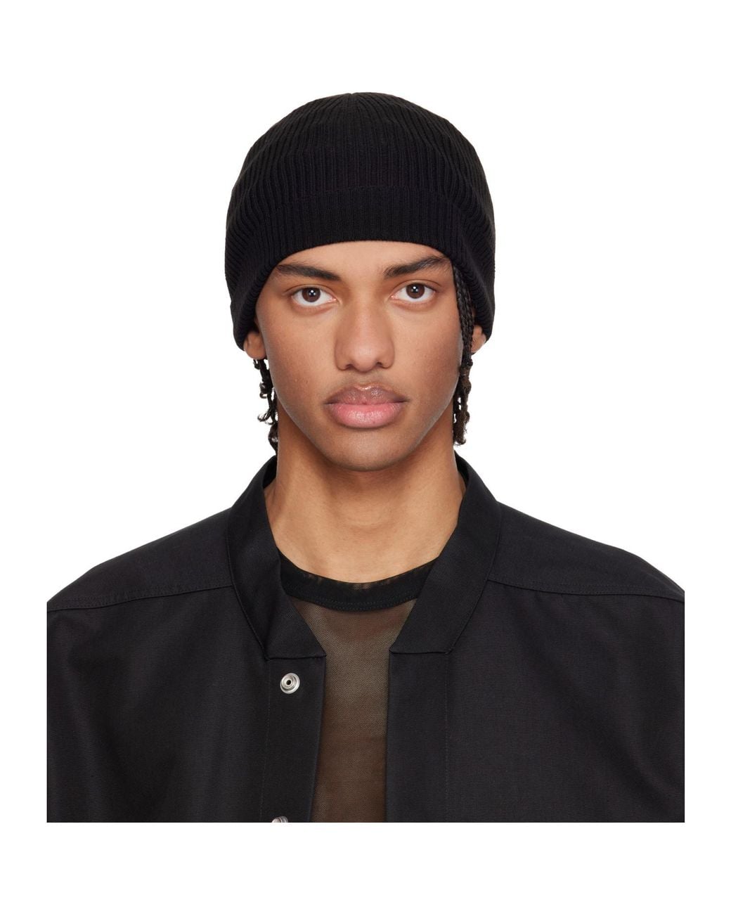 Rick Owens Black Temple Ribbed Beanie for men