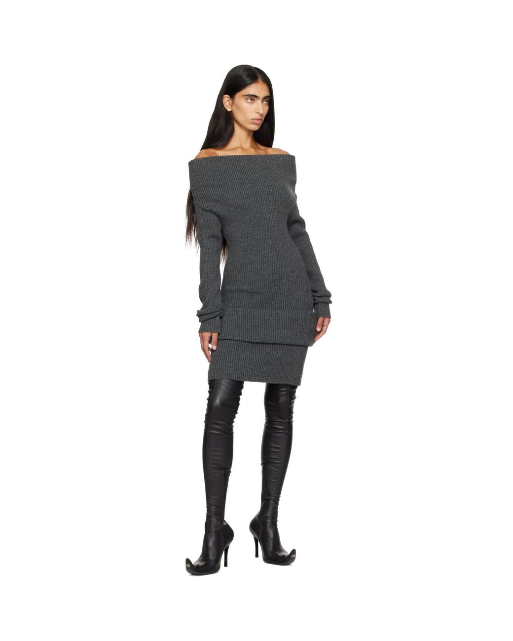 Jean Paul Gaultier Gray Rib-Knit Wool Minidress