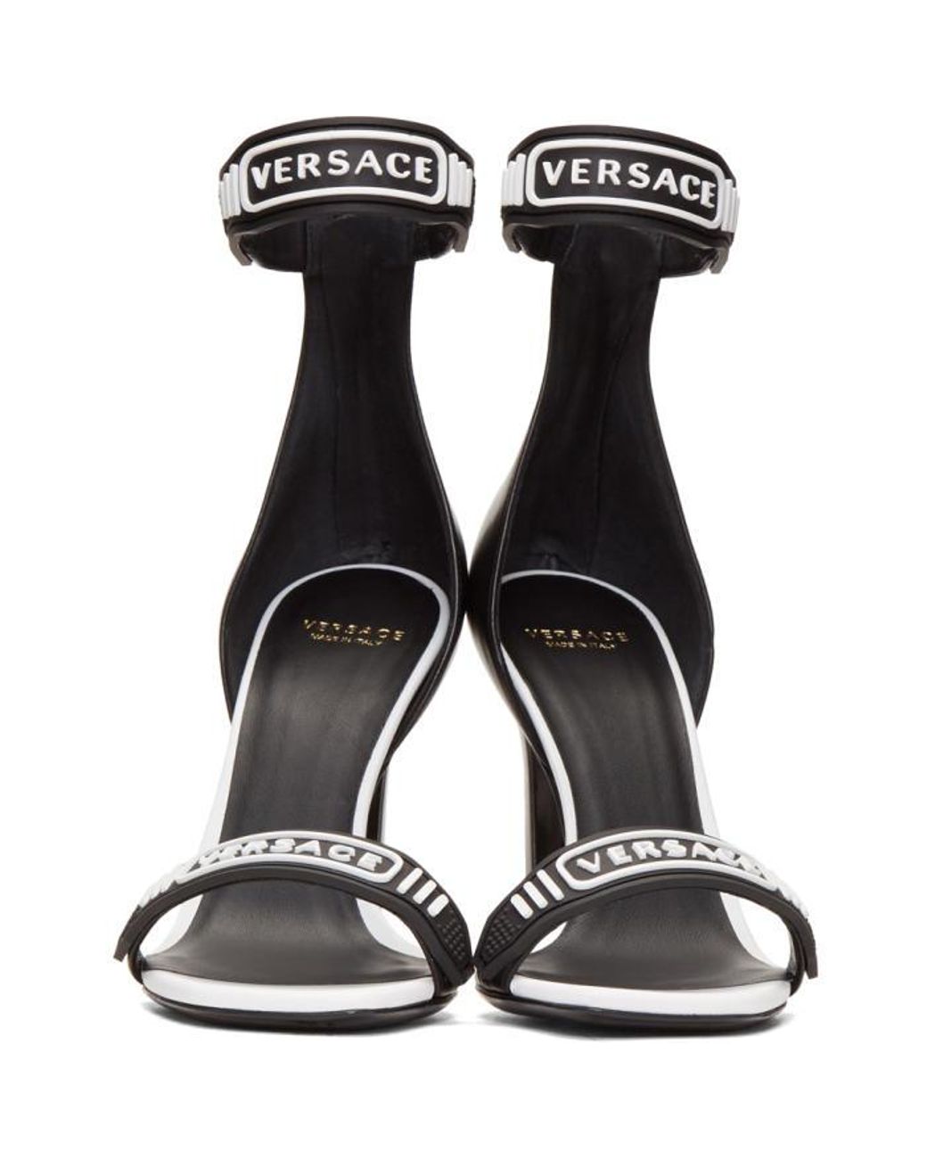 Versace Leather Black & White Logo Strap Sandals | Lyst