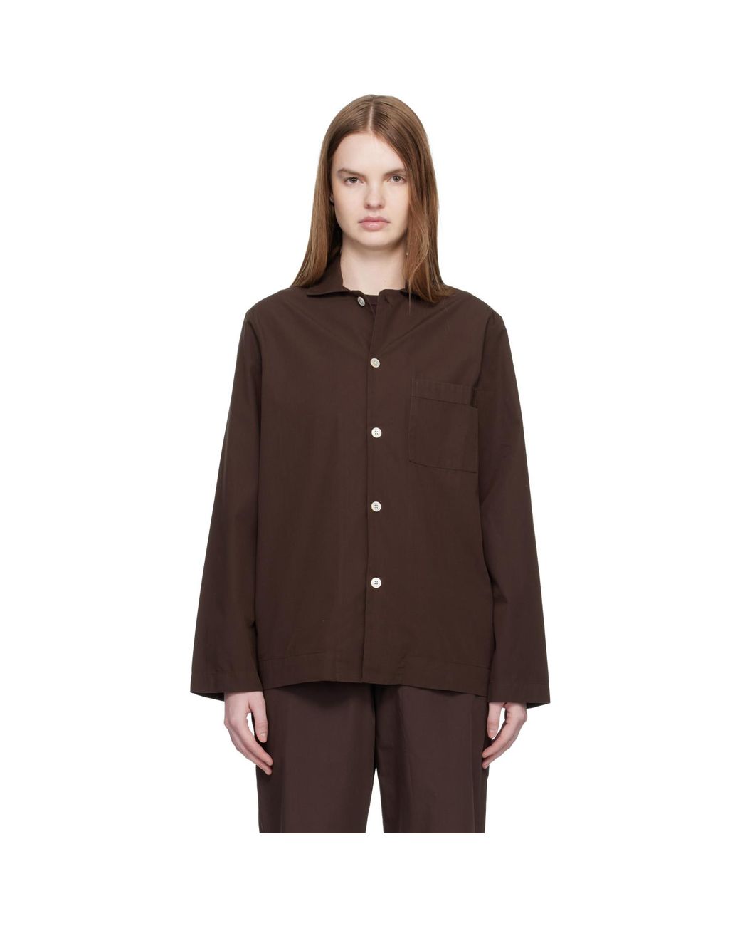 Tekla Brown Poplin Long-Sleeved Pyjama Shirt