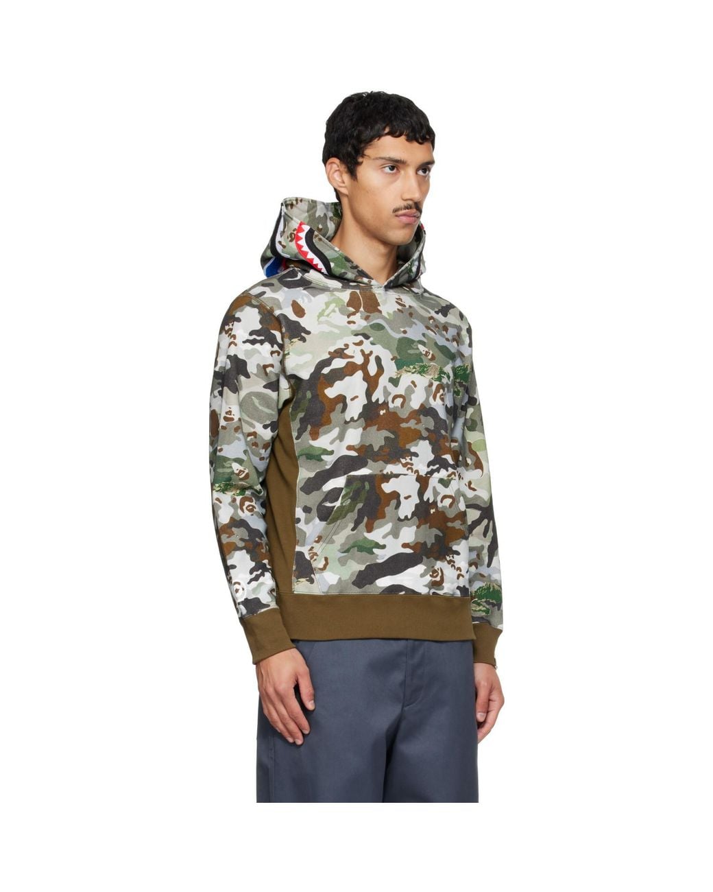 A Bathing Ape Gray Khaki Hybrid Camo Shark Pullover Hoodie for men