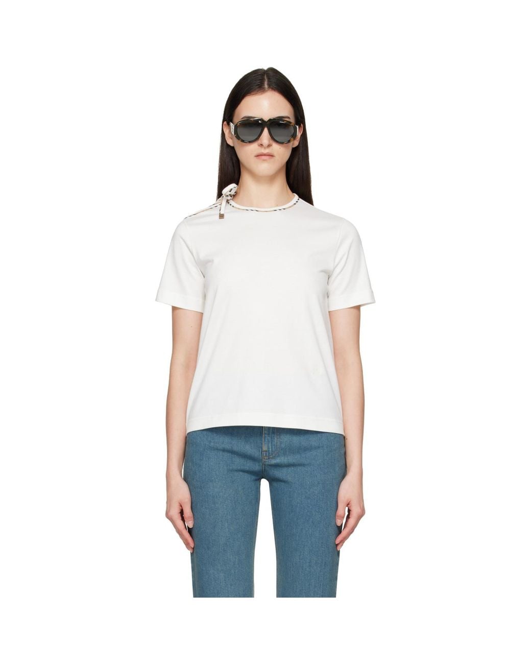 Burberry White Off- Tie-Sleeve Cotton T-Shirt