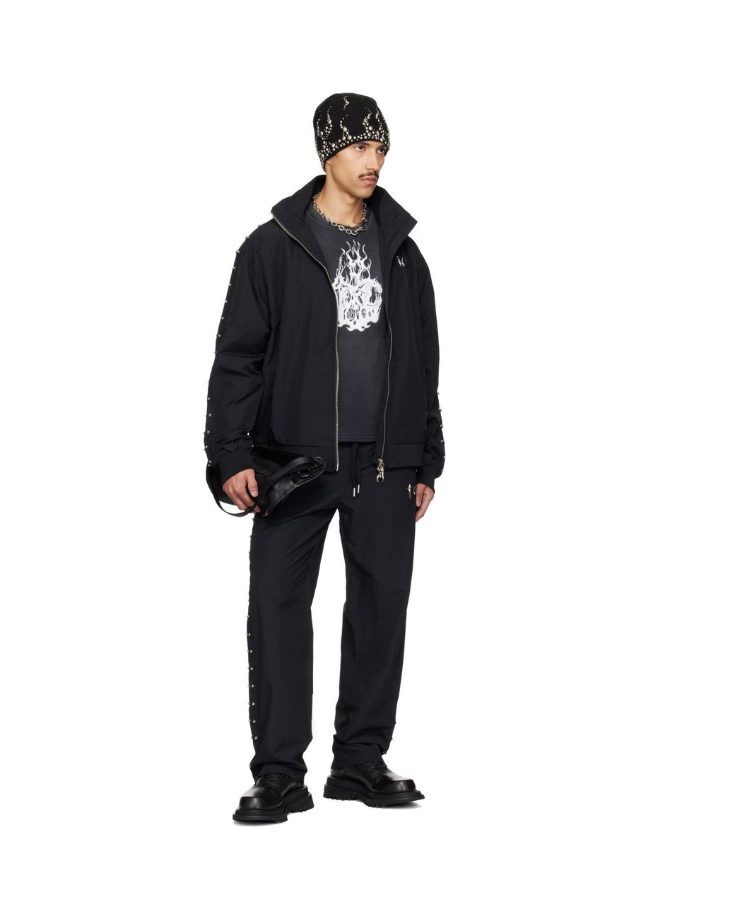 THUG CLUB Black Triple Line Stud Track Jacket for men