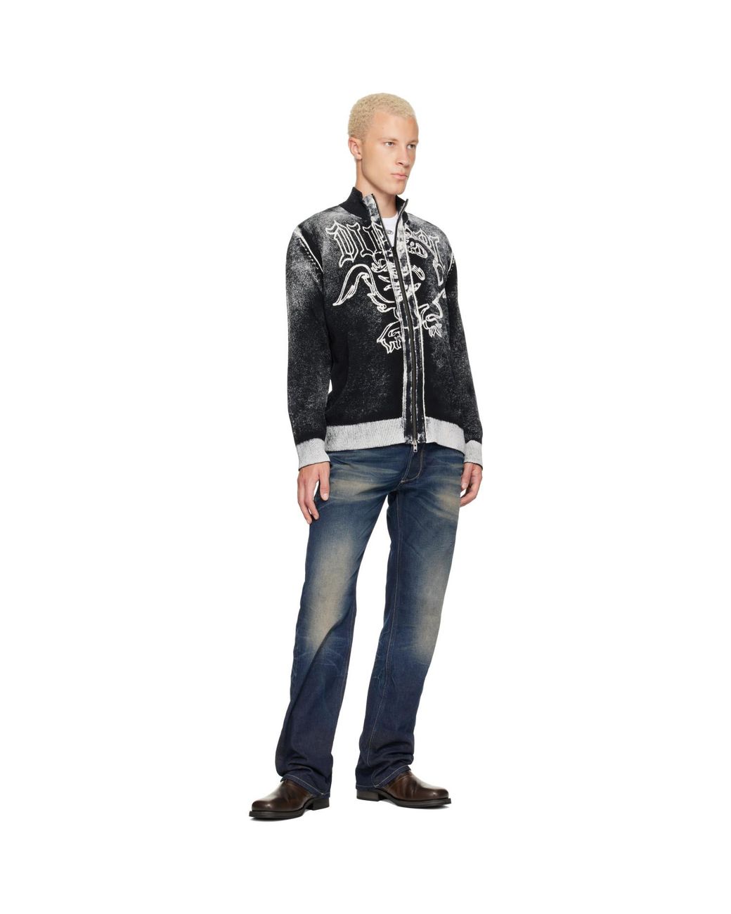 DIESEL Black Griffin Motif Zip Sweater for men