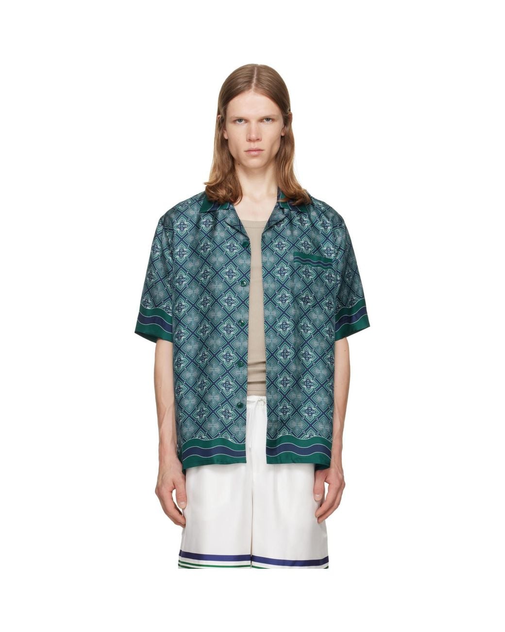 Casablanca Blue Radiating Monogram Short Sleeve Silk Shirt for men