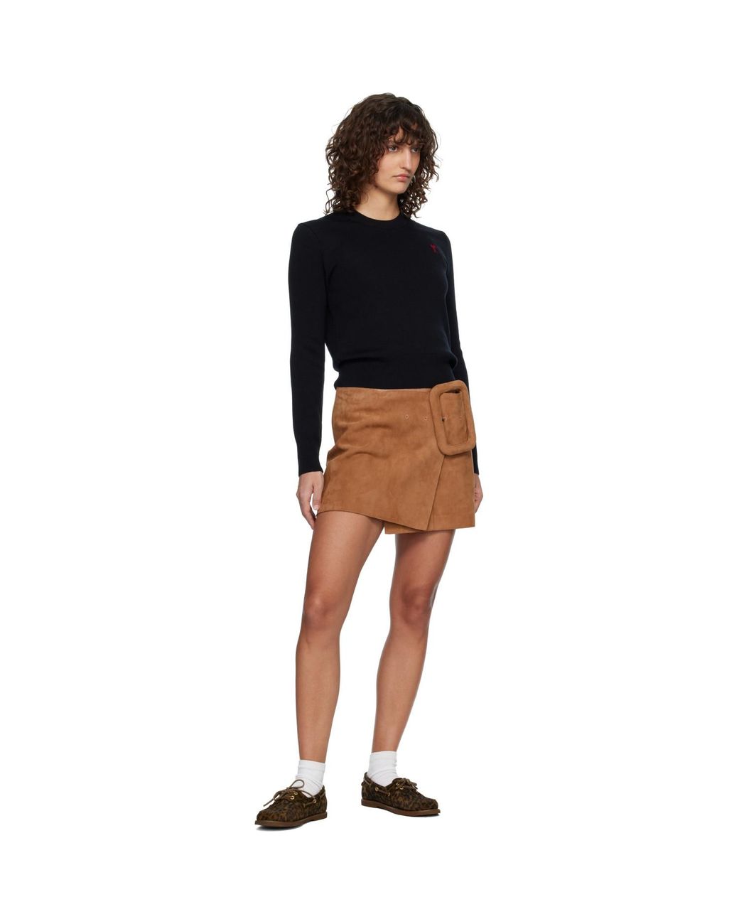 AMI Black Tan Goat Leather Big Buckle Belted Miniskirt