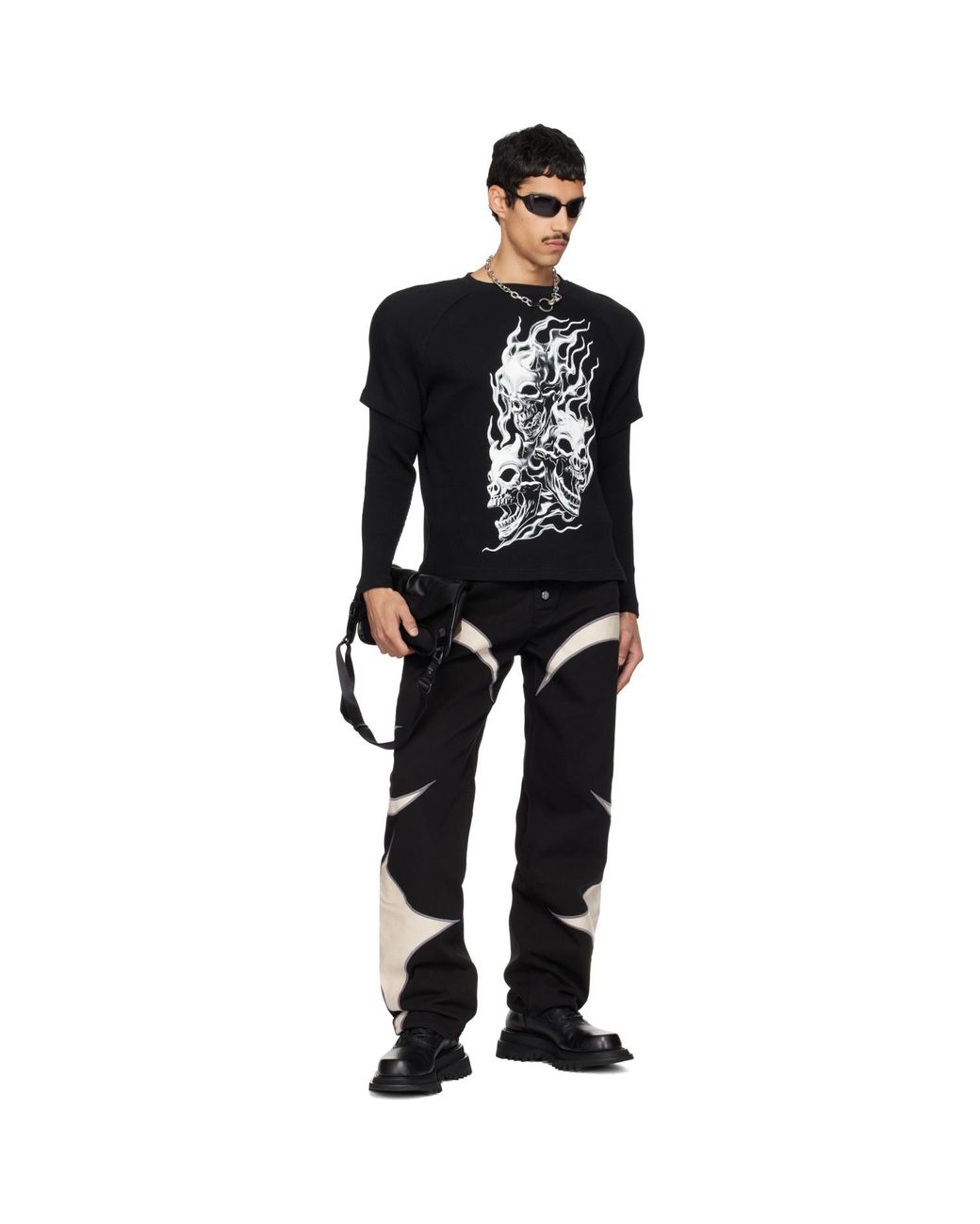 THUG CLUB Black Bulk Shoulder Three Riding Skull Layered T-Shirt for men