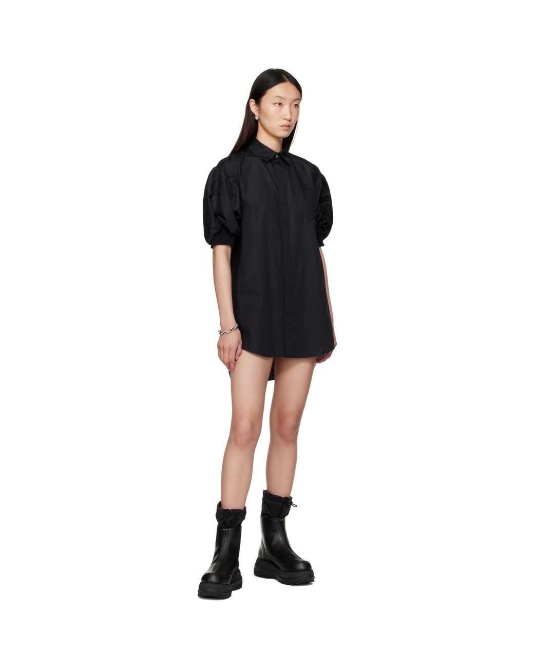 Sacai Black Cotton Poplin & Nylon Twill Minidress