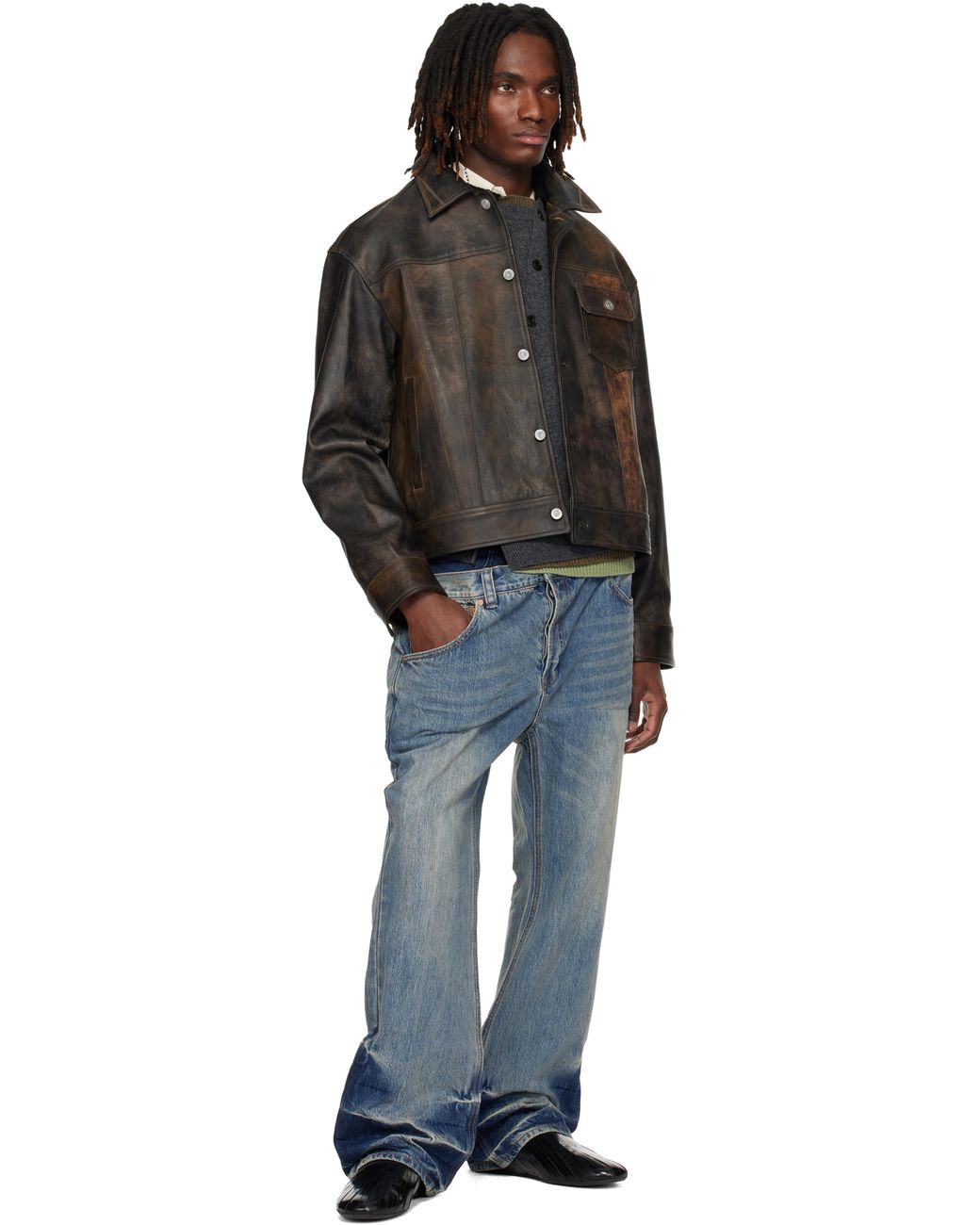 ANDERSSON BELL Black Leather Patchwork Trucker Jacket for men