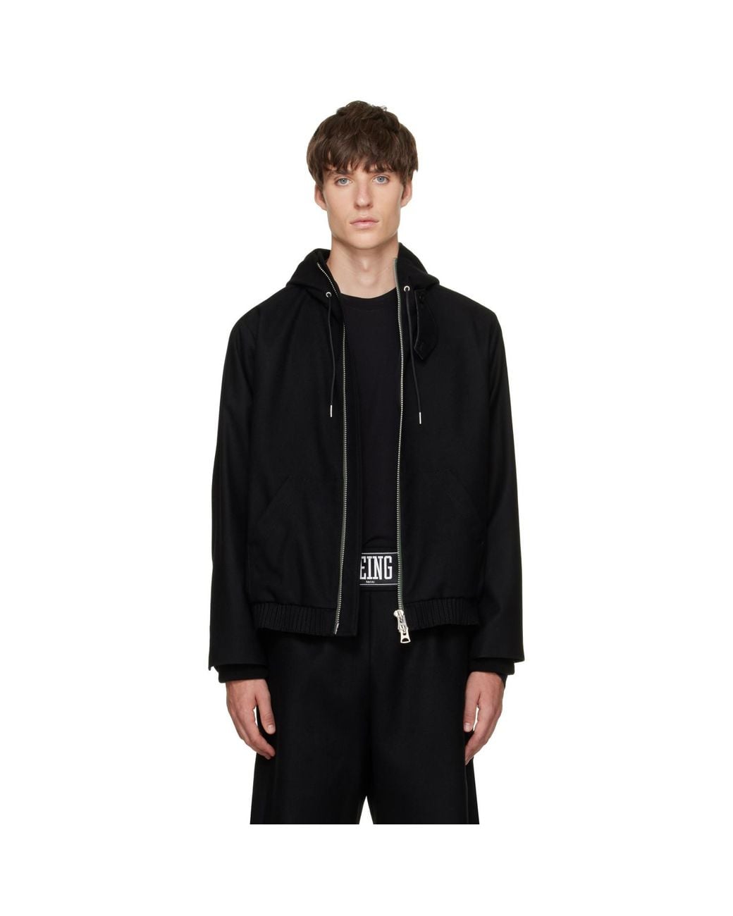 Sacai Black Wool Flannel Hoodie for men