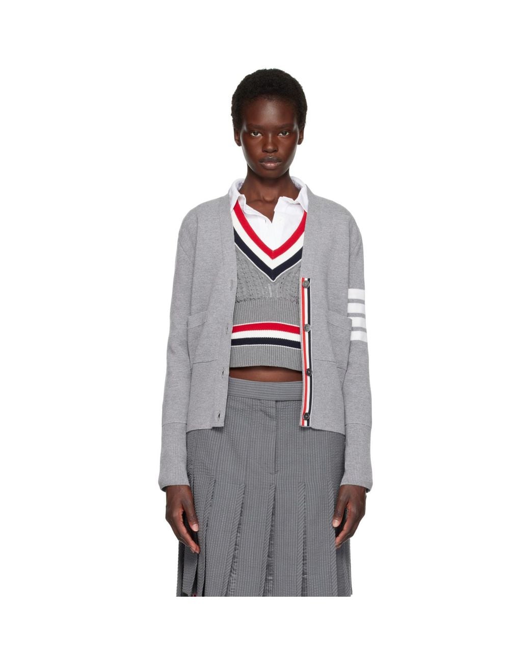 Thom Browne Gray Wool 4-Bar V-Neck Cardigan