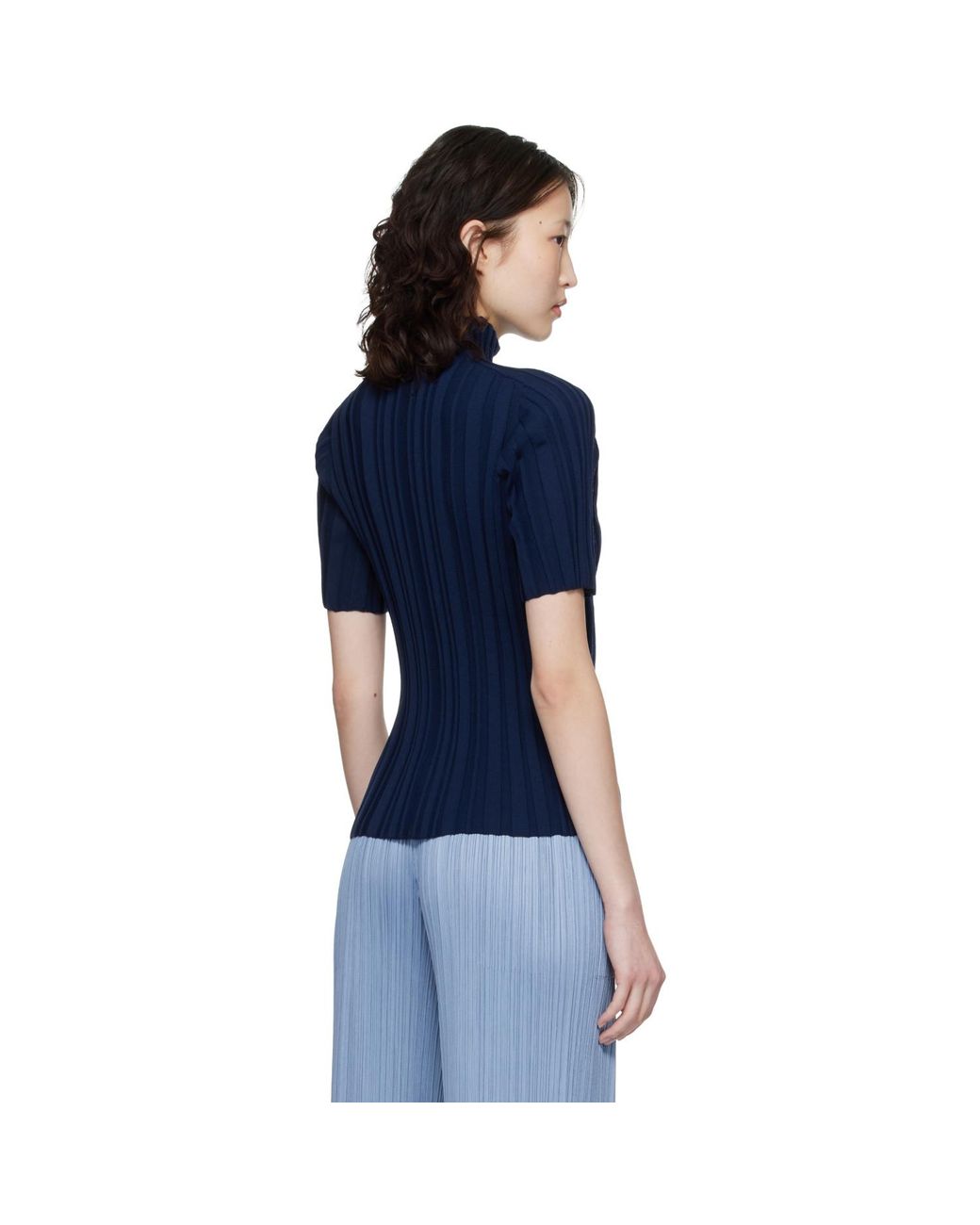 Pleats Please Issey Miyake Blue Rib Knit Turtleneck