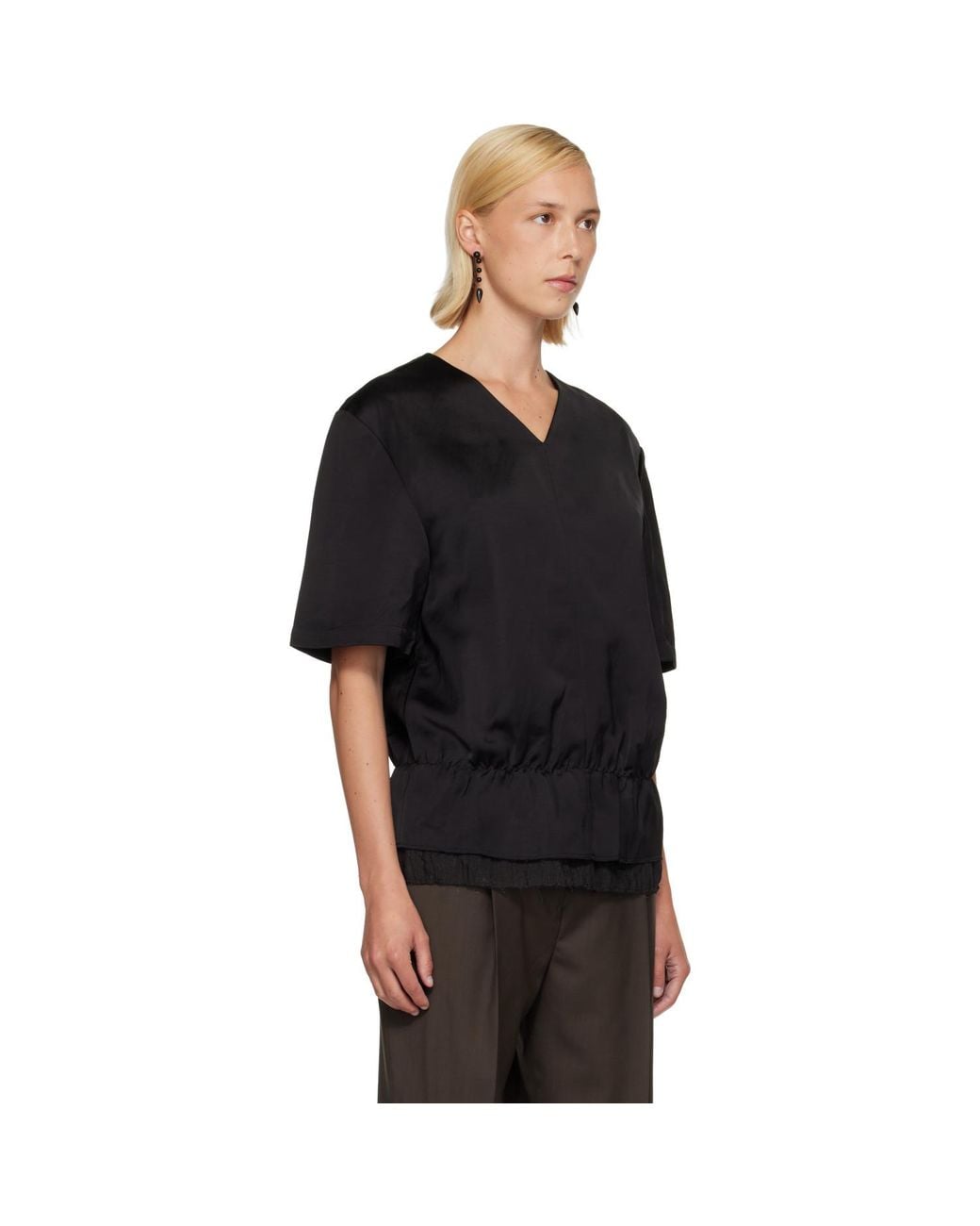 Totême Black V-Neck Satin Pullover Top