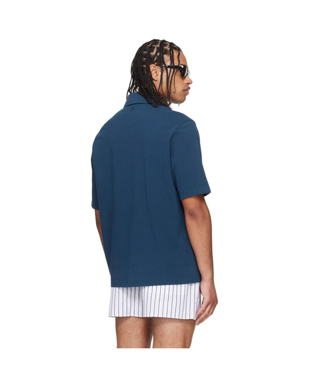 AMI Blue Cotton Ami De Coeur Knitted Patch Polo for men
