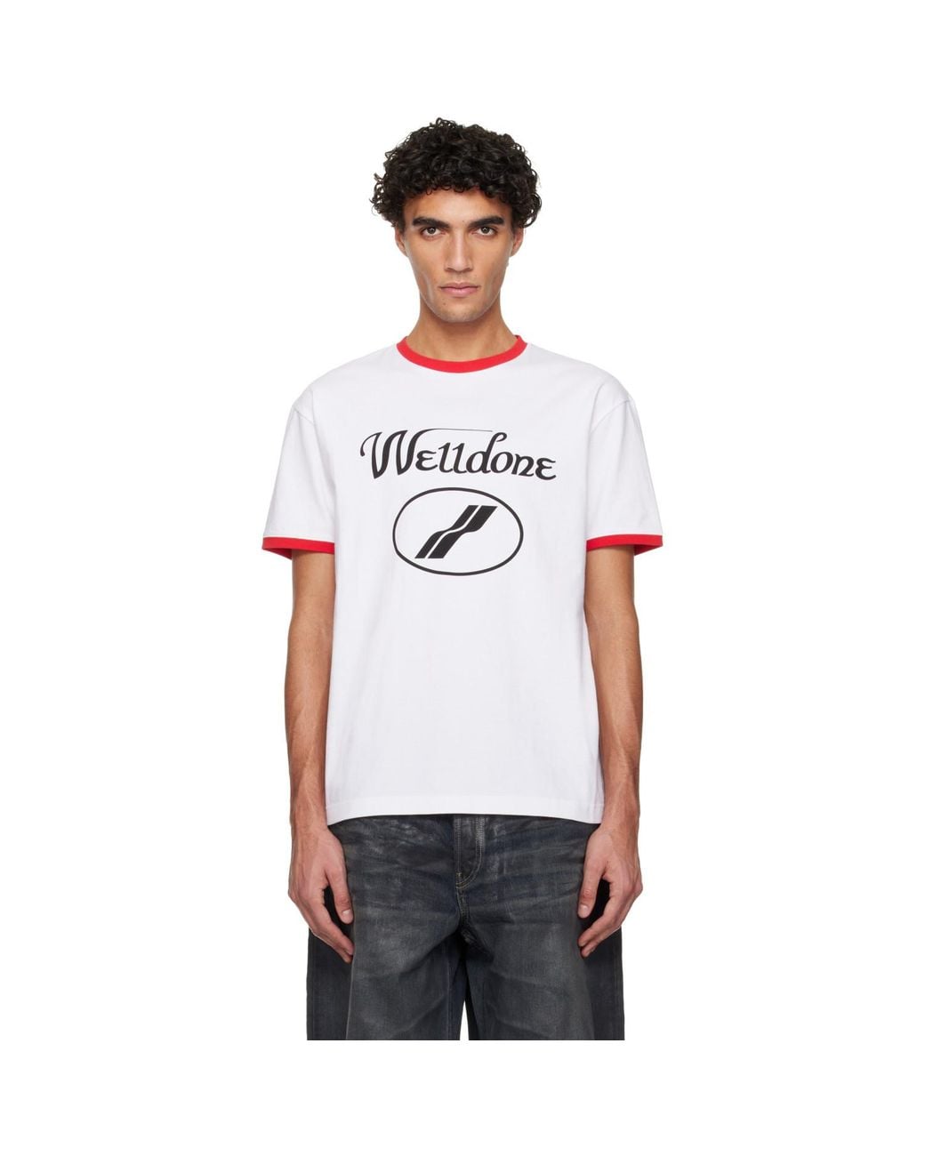 we11done White Cursive Logo Fitted Ringer T-Shirt for men