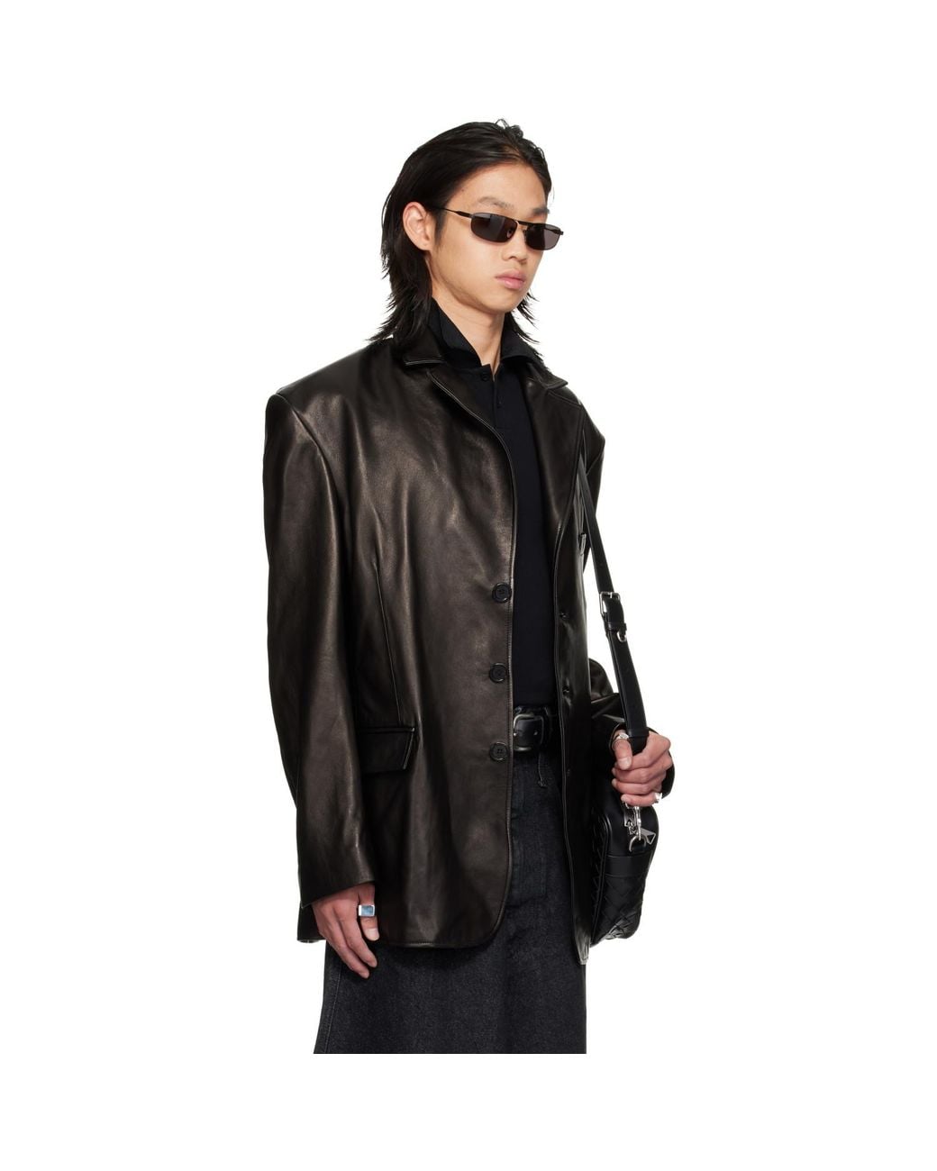 Lu'u Dan Black Oversized Tailored Leather Suit Jacket for men
