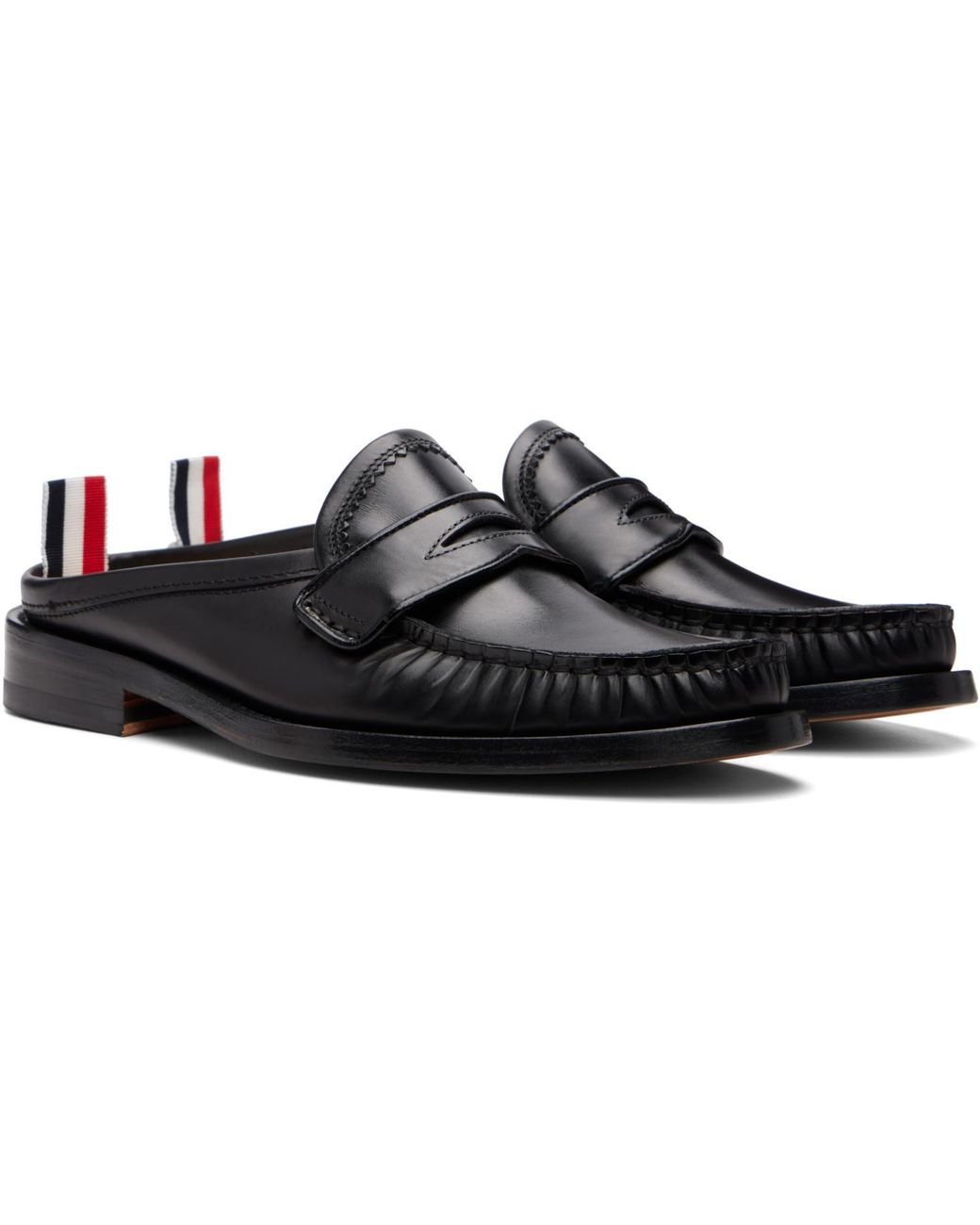 Thom Browne Black Calf Leather Sole Pleated Varsity Slip-On Loafers