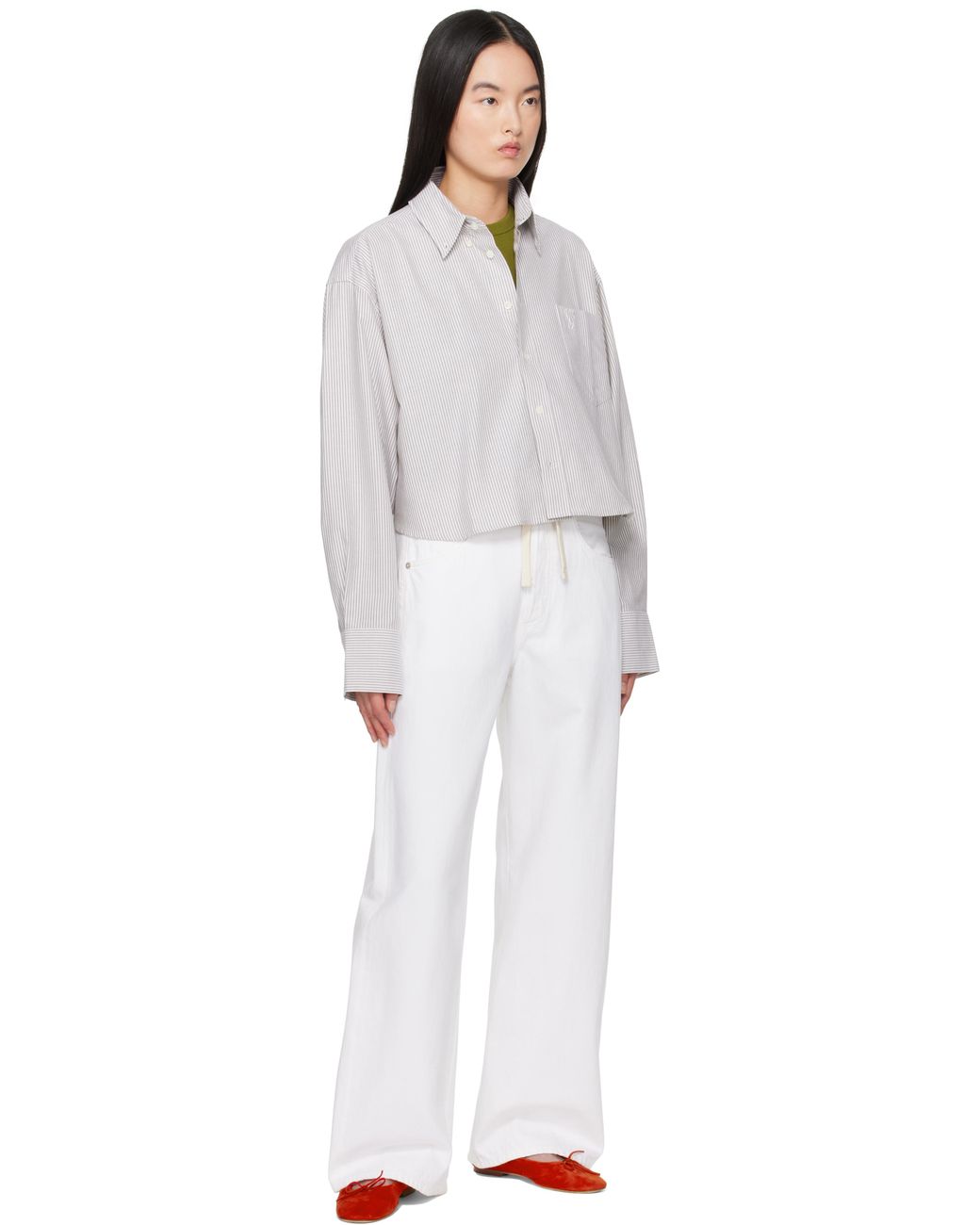 AMI White Khaki & Off- Cotton Cropped Oversized Shirt