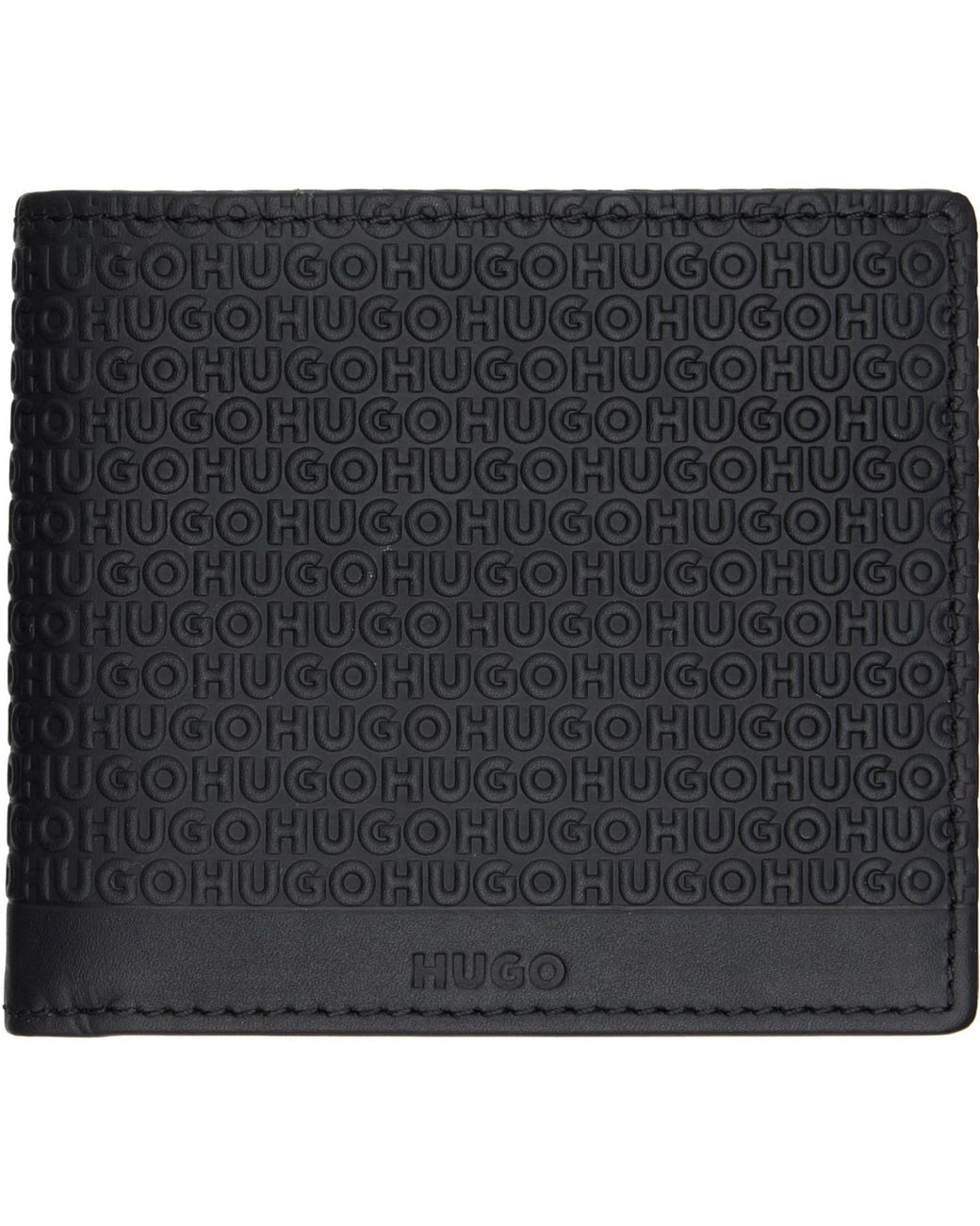 HUGO Black Logo-Pattern Leather Wallet for men
