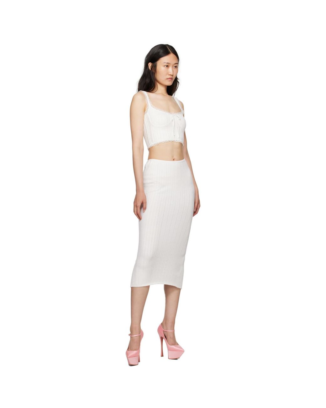GUIZIO White Ribbed Midi Skirt