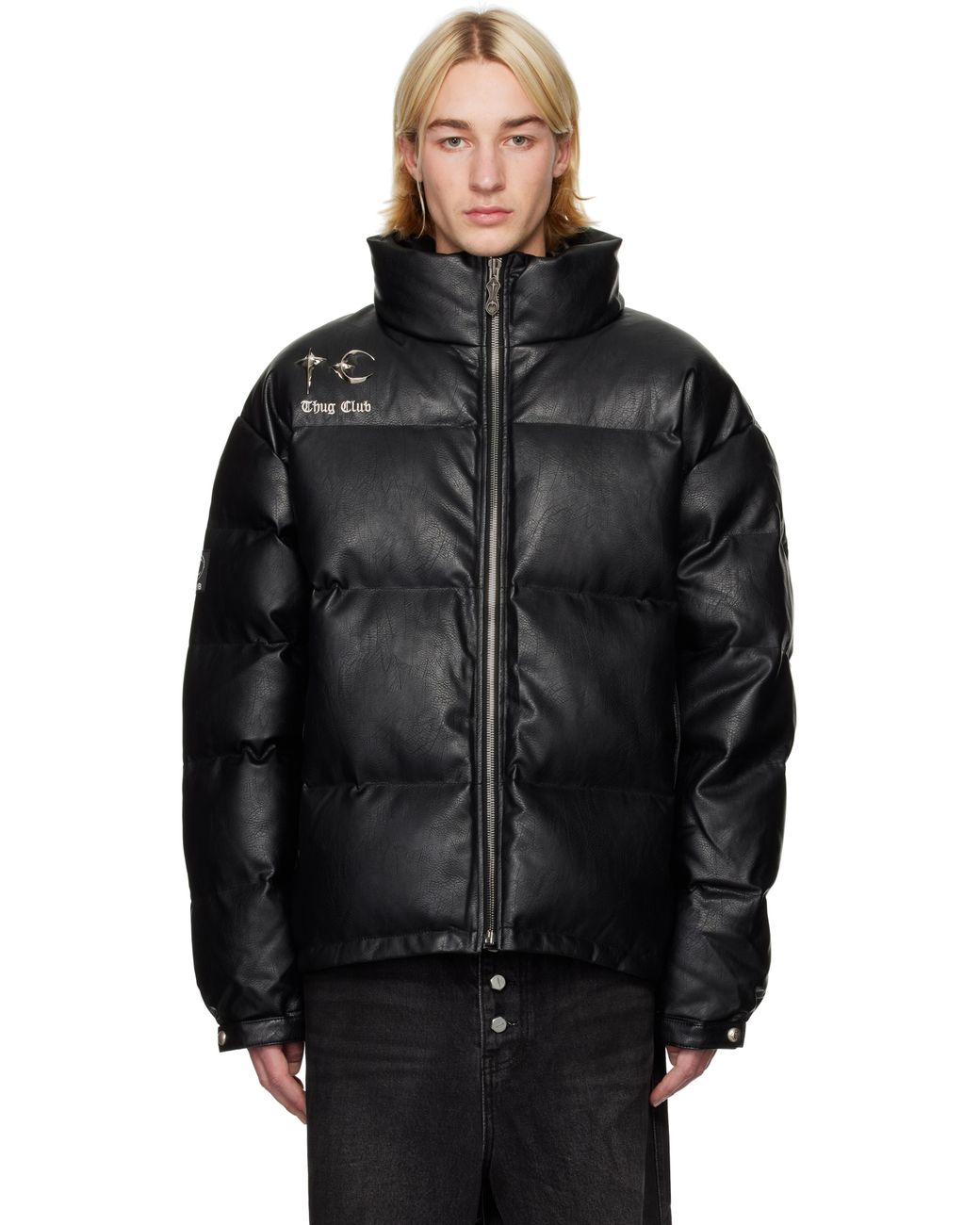 【正規品】thug club ダウンジャケット ブラック Sサイズ レザー メンズ THUG CLUB ブラック フェイクレザー パファー ダウン