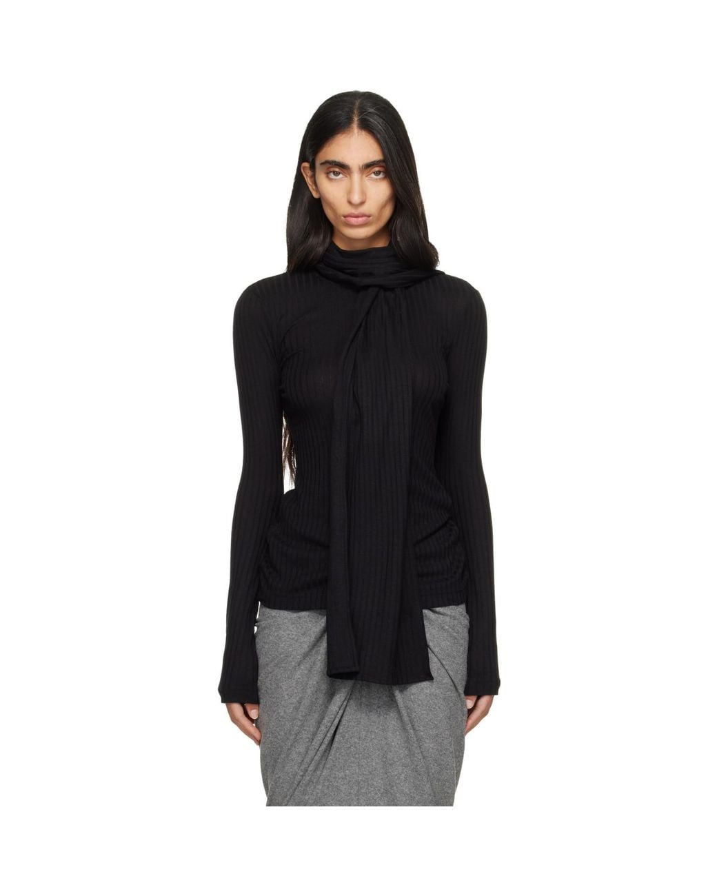 Totême Black Ribbed Bow Blouse