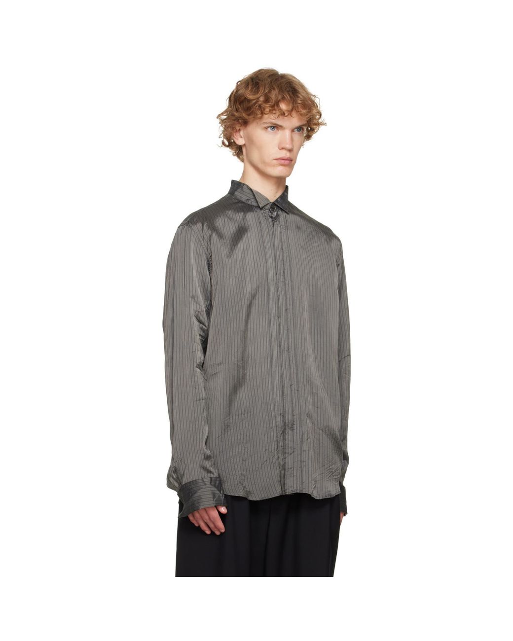 Dries Van Noten Gray Burgundy Pinstripe Shirt for men