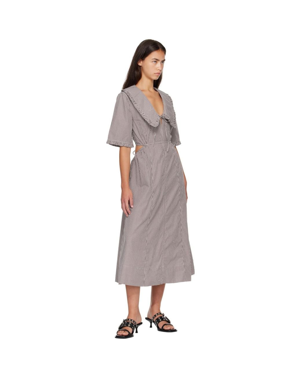 Ganni Brown Check Cotton Cut Out Midi Dress