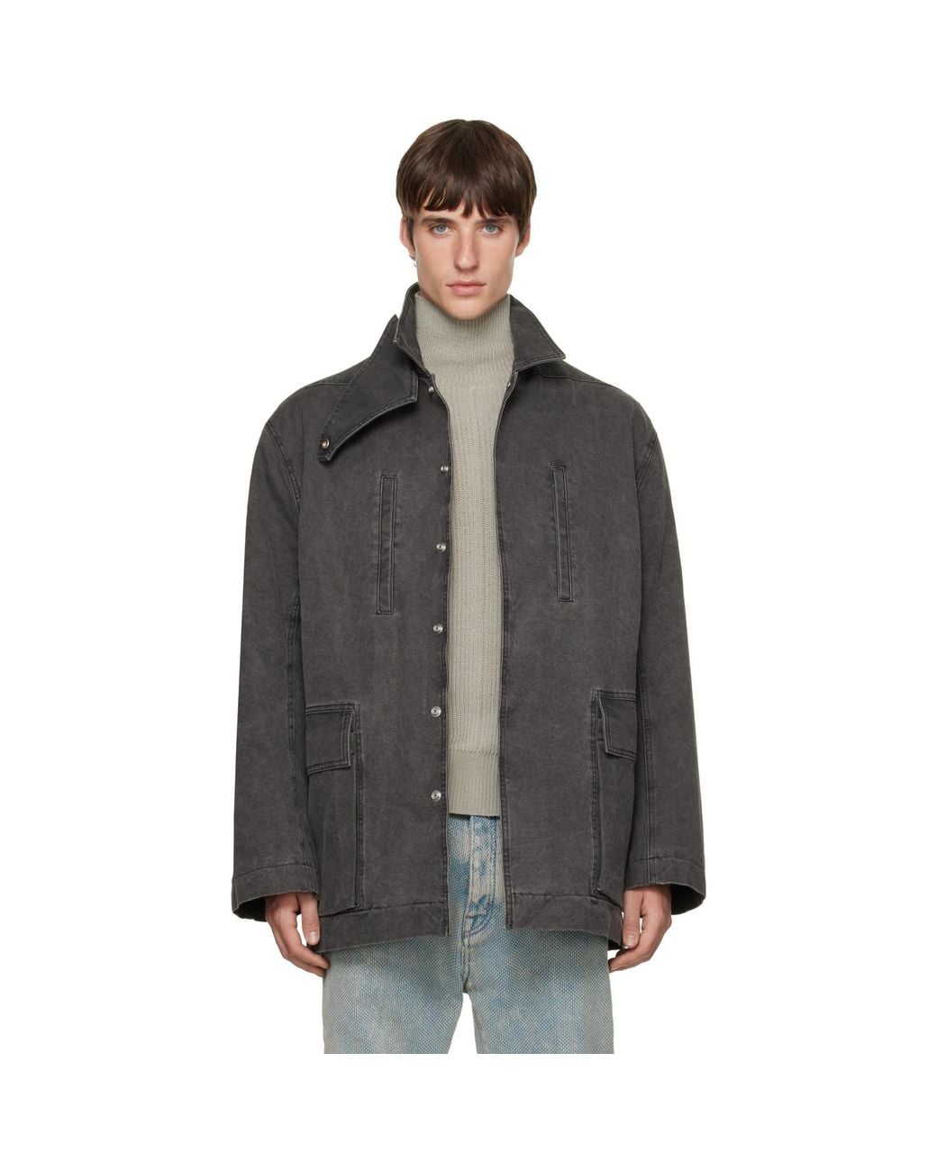 Rick Owens Black Tower Collared Mac Jacket for men