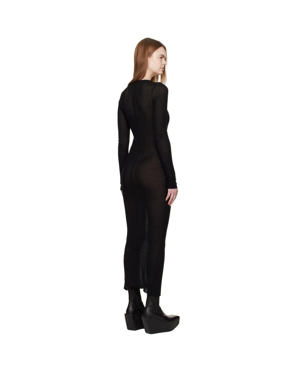 Rick Owens Black Temple Rib Ls Midi Dress